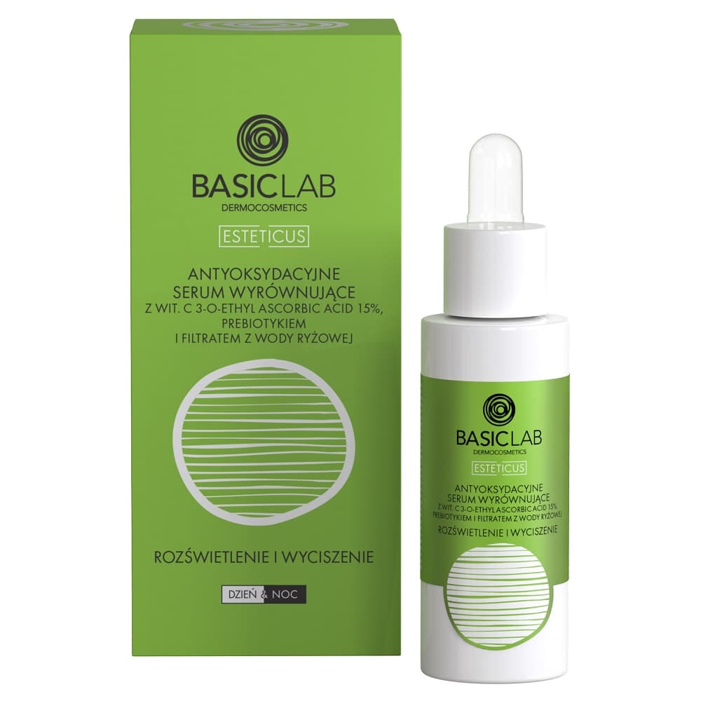 

BASICLAB Esteticus Serum Rozśwetlenie i Wyciszenie antyoksydacyjne serum wyrównujące z Wit.C 15%, prebiotykiem i filtrem z wody ryżowej 30ml