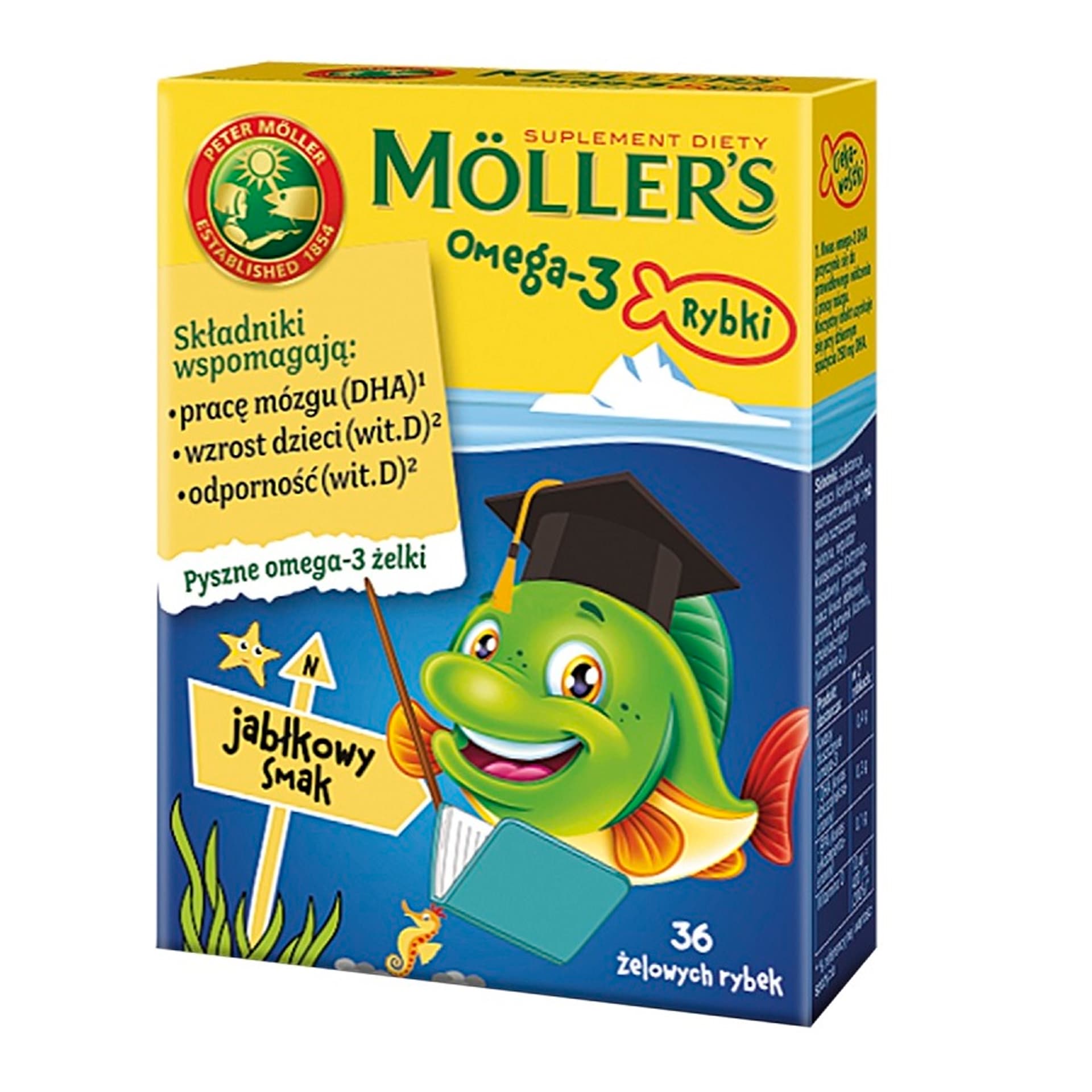 

Möller's Omega-3 Rybki żelki z kwasami omega-3 i witaminą D3 dla dzieci Jabłkowe 36szt.