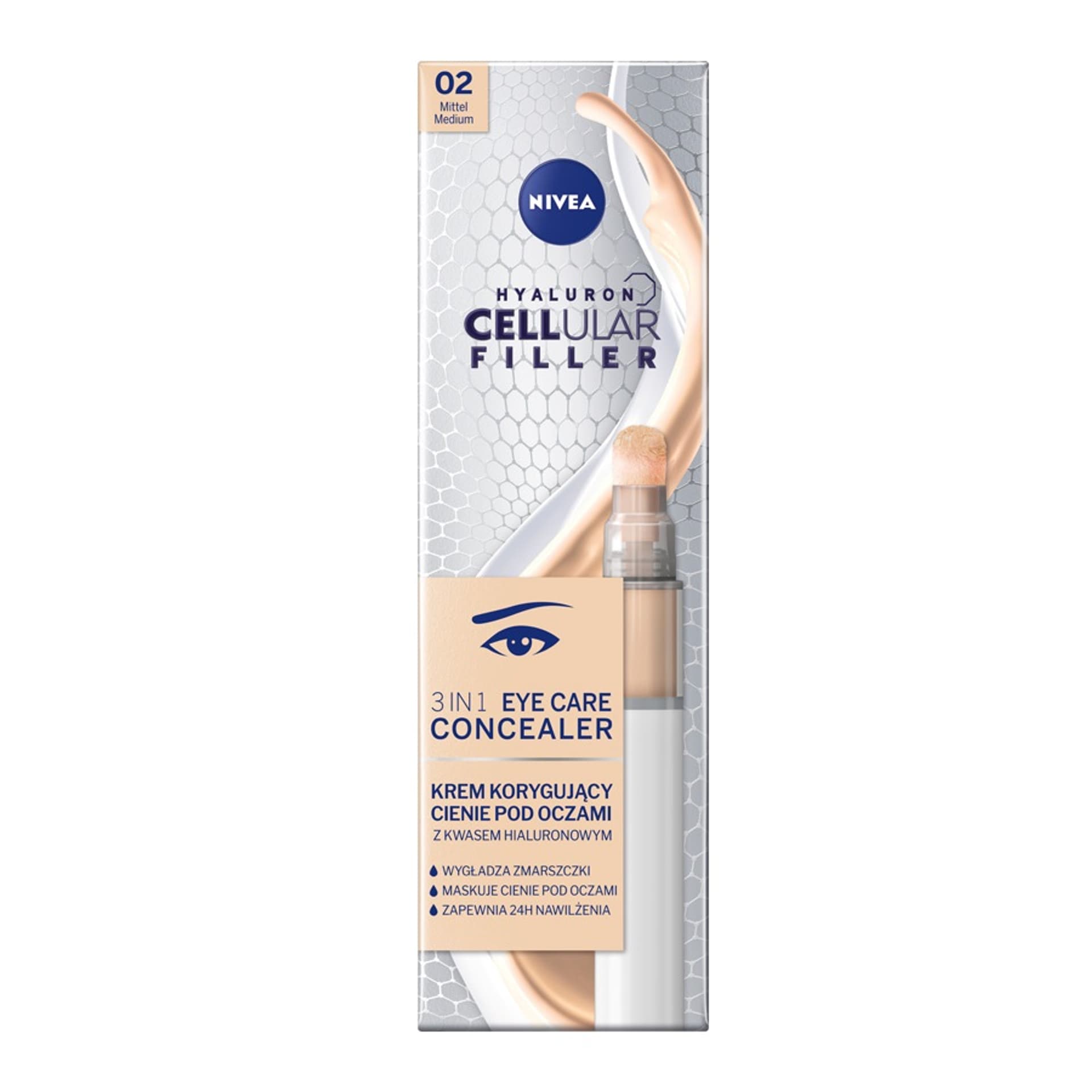 

Nivea Hyaluron Cellular Filler 3In1 Eye Care Concealer krem korygujący cienie pod oczami 02 Medium 4ml
