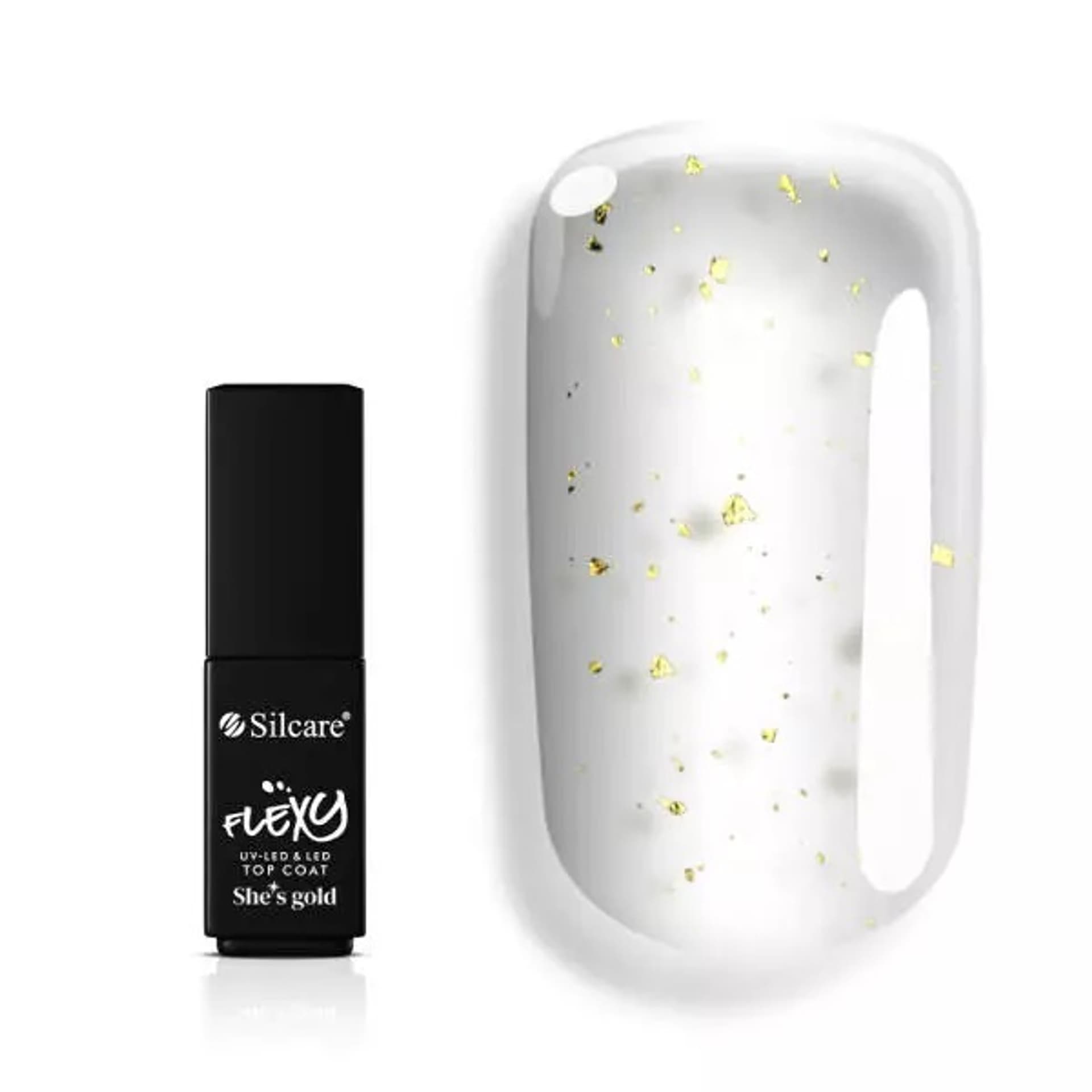 

Silcare Flexy She's Gold Top Coat preparat nawierzchniowy z drobinkami w kolorze złota 4.5g