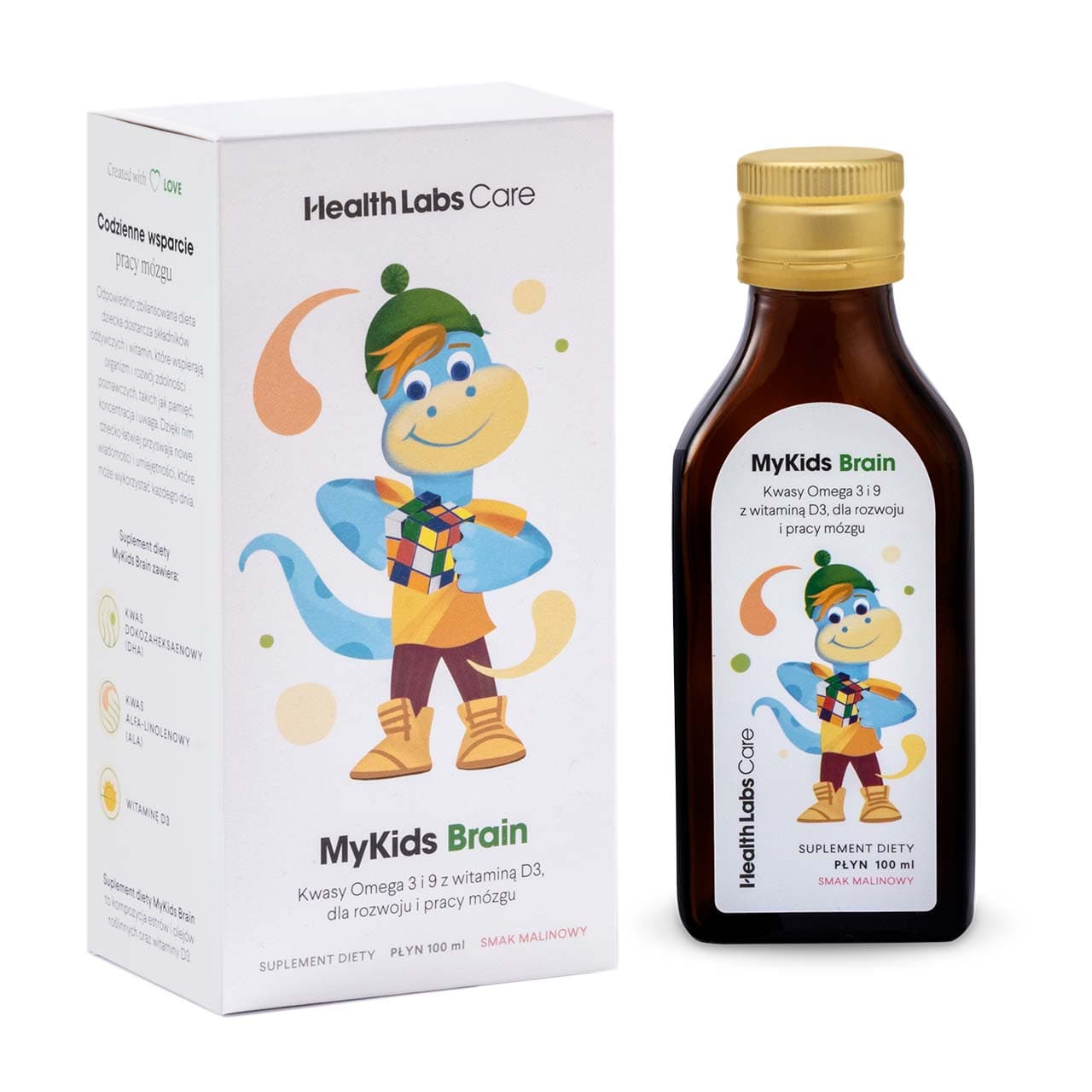 

HEALTHLABS Care My Kids Brain kwasy Omega 3 i 9 z witaminą D3 dla rozwoju i pracy mózgu suplement diety Malinowy 100ml