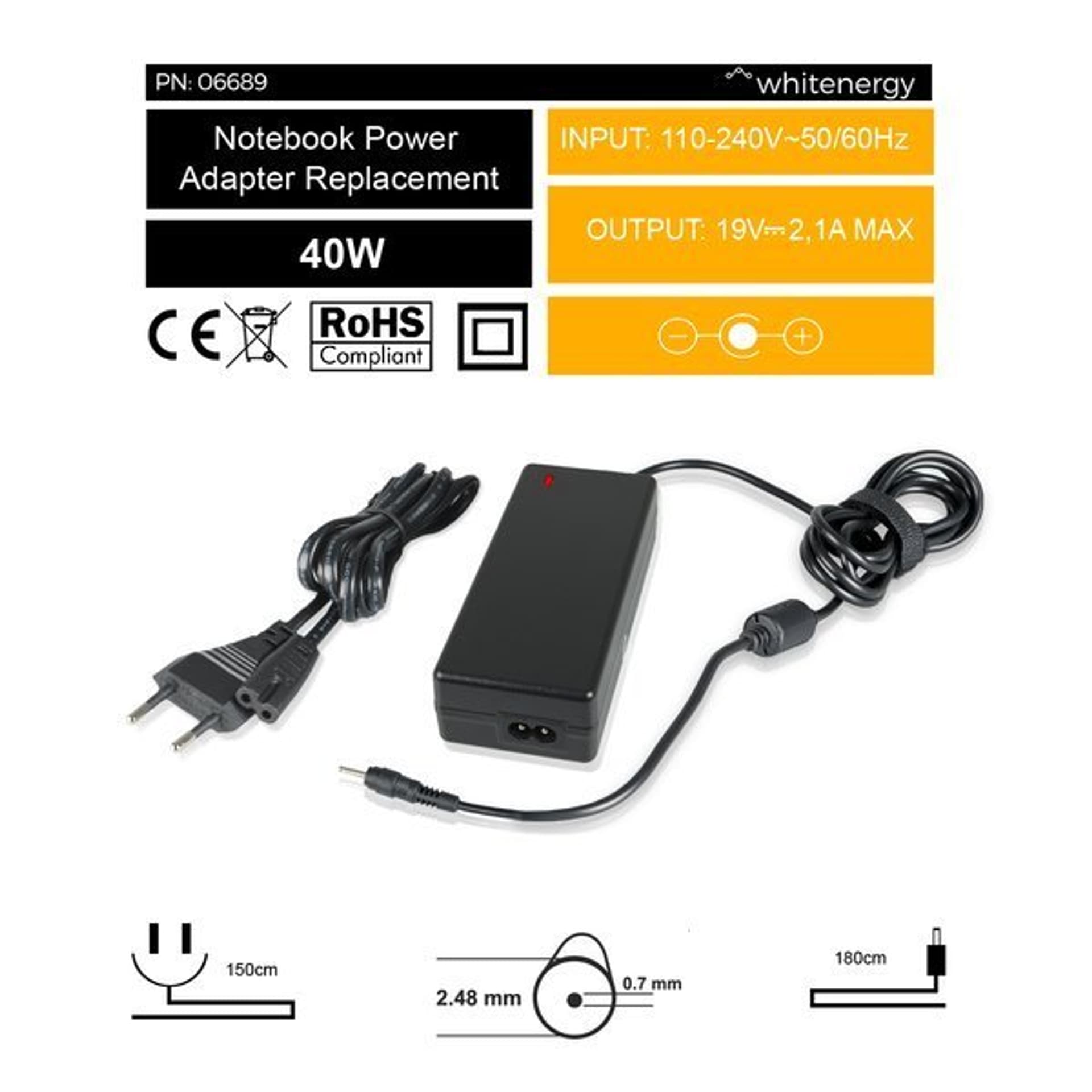 

Whitenergy Zasilacz AC Ładowarka do laptopa 19V 2.1A 40W 2.48x0.7 mm