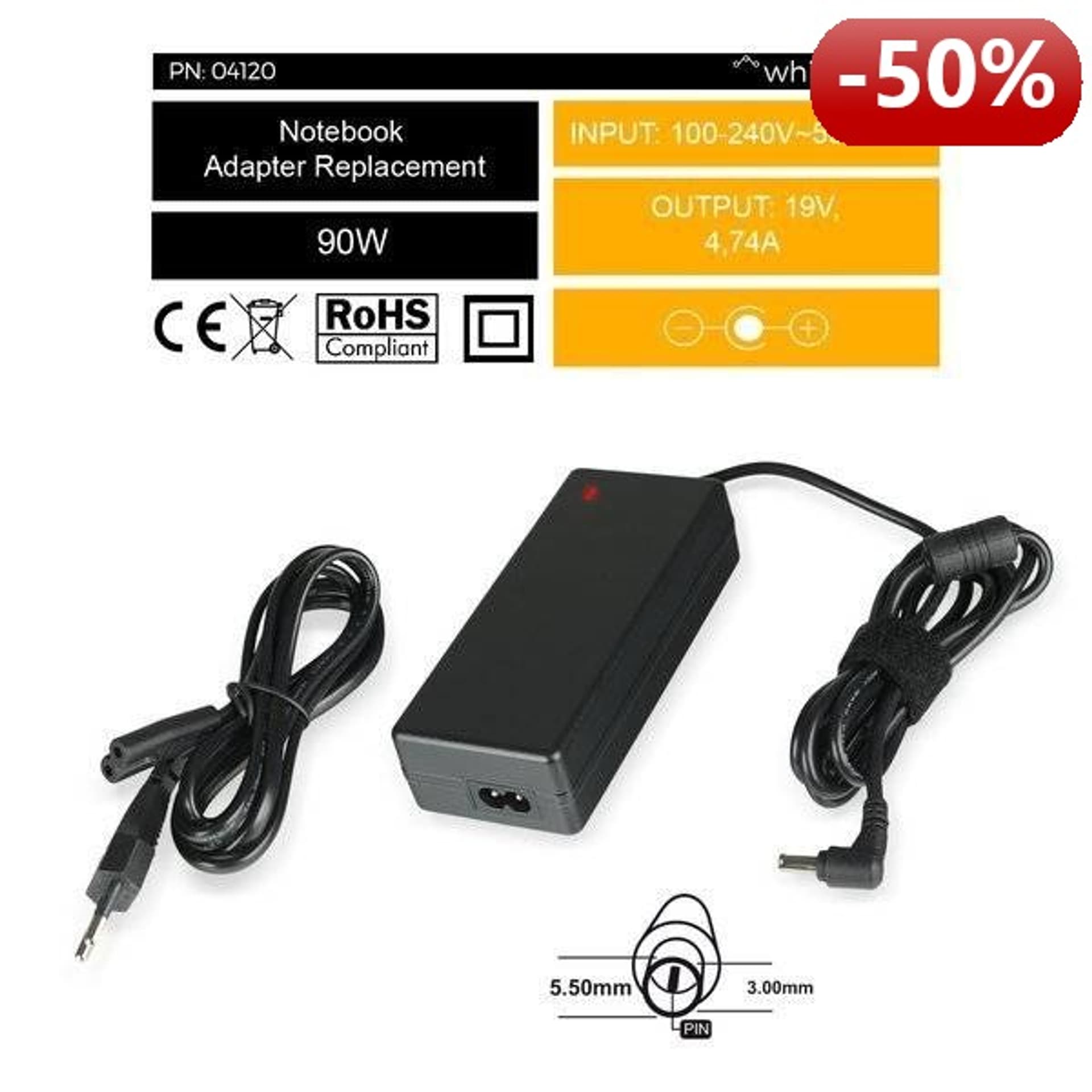 

Whitenergy Zasilacz AC Ładowarka do laptopa 19V 4.74A 90W 5.5x3.0 mm + pin