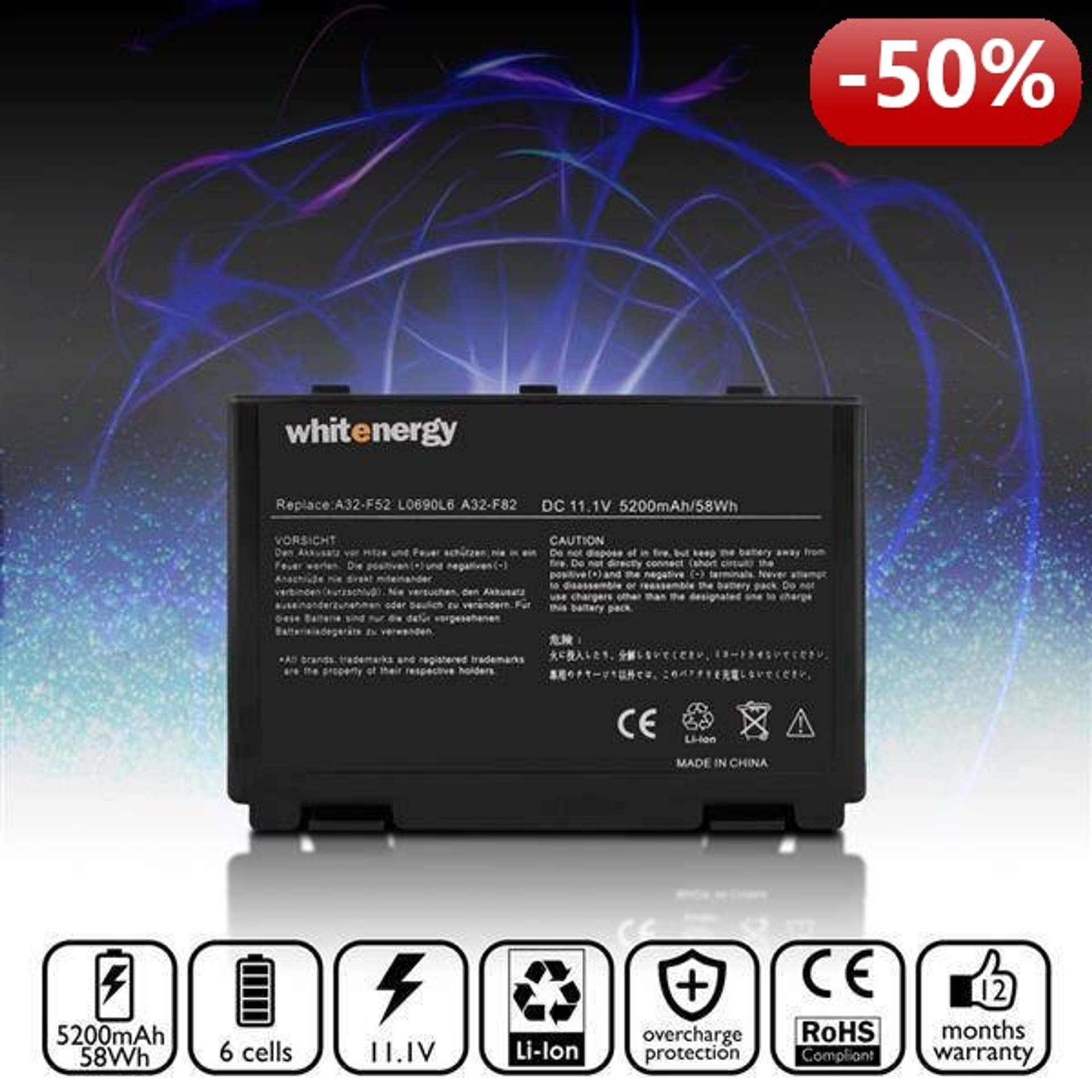 

Whitenergy Bateria do laptopa Asus K50IJ 10.8-11.1V 5200mAh czarna