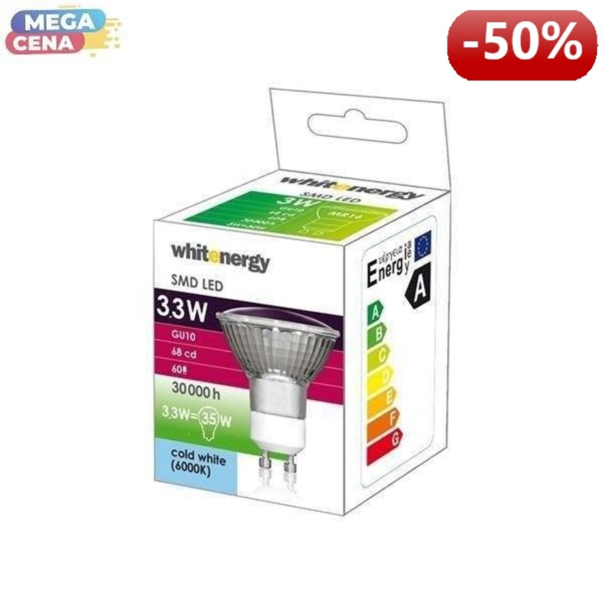 

Żarówka LED 24xSMD5050, MR16, GU10, 3.3W, barwa zimna biała, z szybką