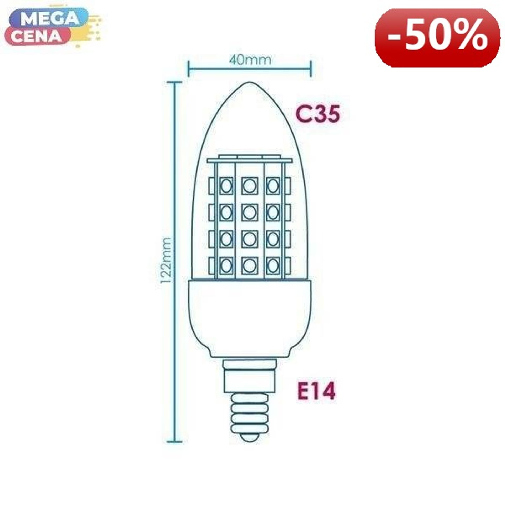 

Whitenergy Żarówka LED 5W E14 C35 SMD5050 ciepła 230V Świeczka / transparentne