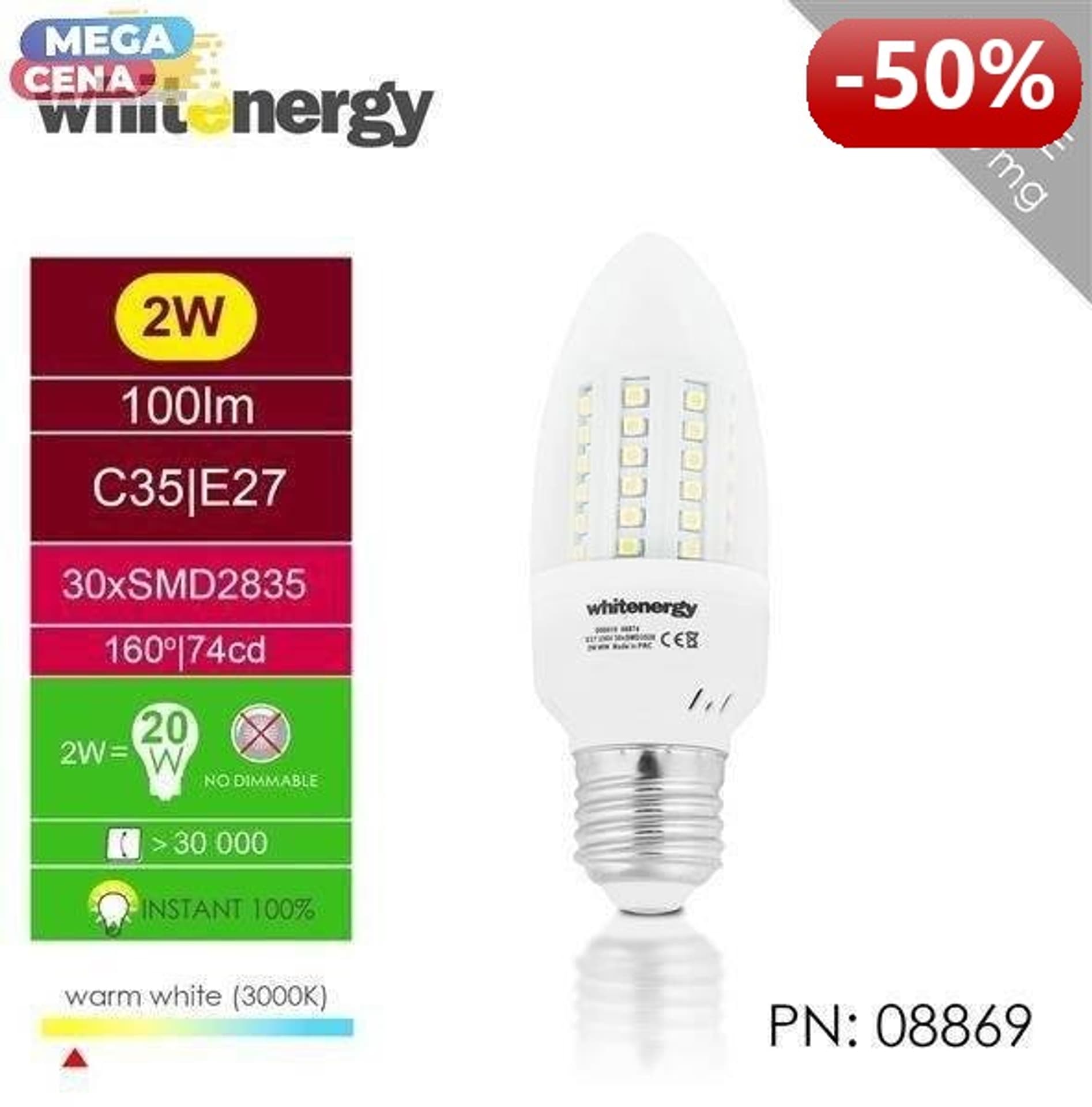 

Whitenergy Żarówka LED 2W E27 C35 SMD3528 ciepła 230V Świeczka / mleczne
