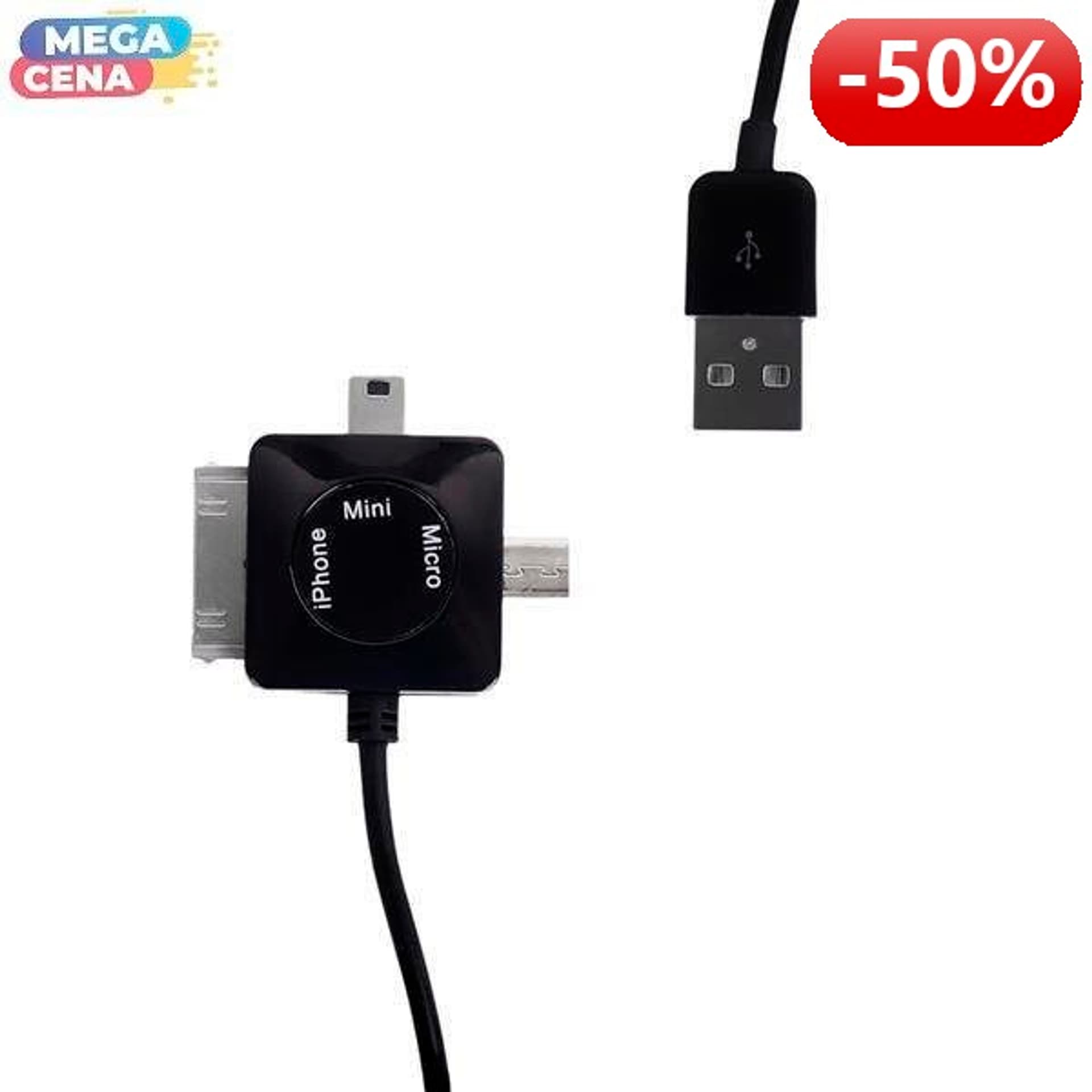 

Whitenergy Kabel do przesyłu danych 3w1: Micro USB, Mini USB, iPhone4, 100cm, czarny