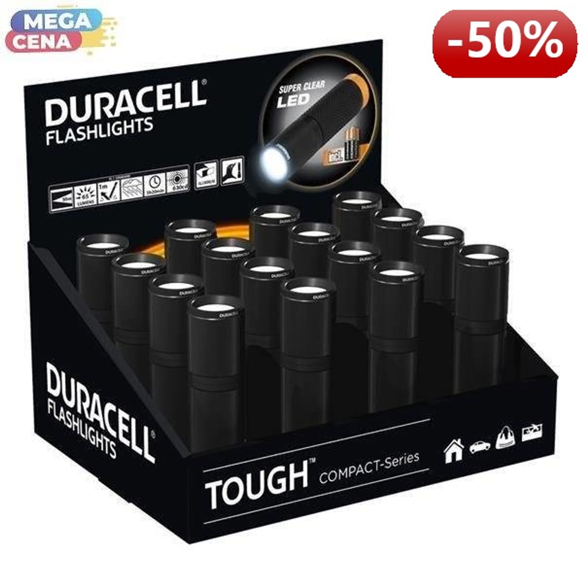 

Duracell Latarka TOUGH COMPACT wodoodporna 3xAAA 5h20min 65lm 50m display