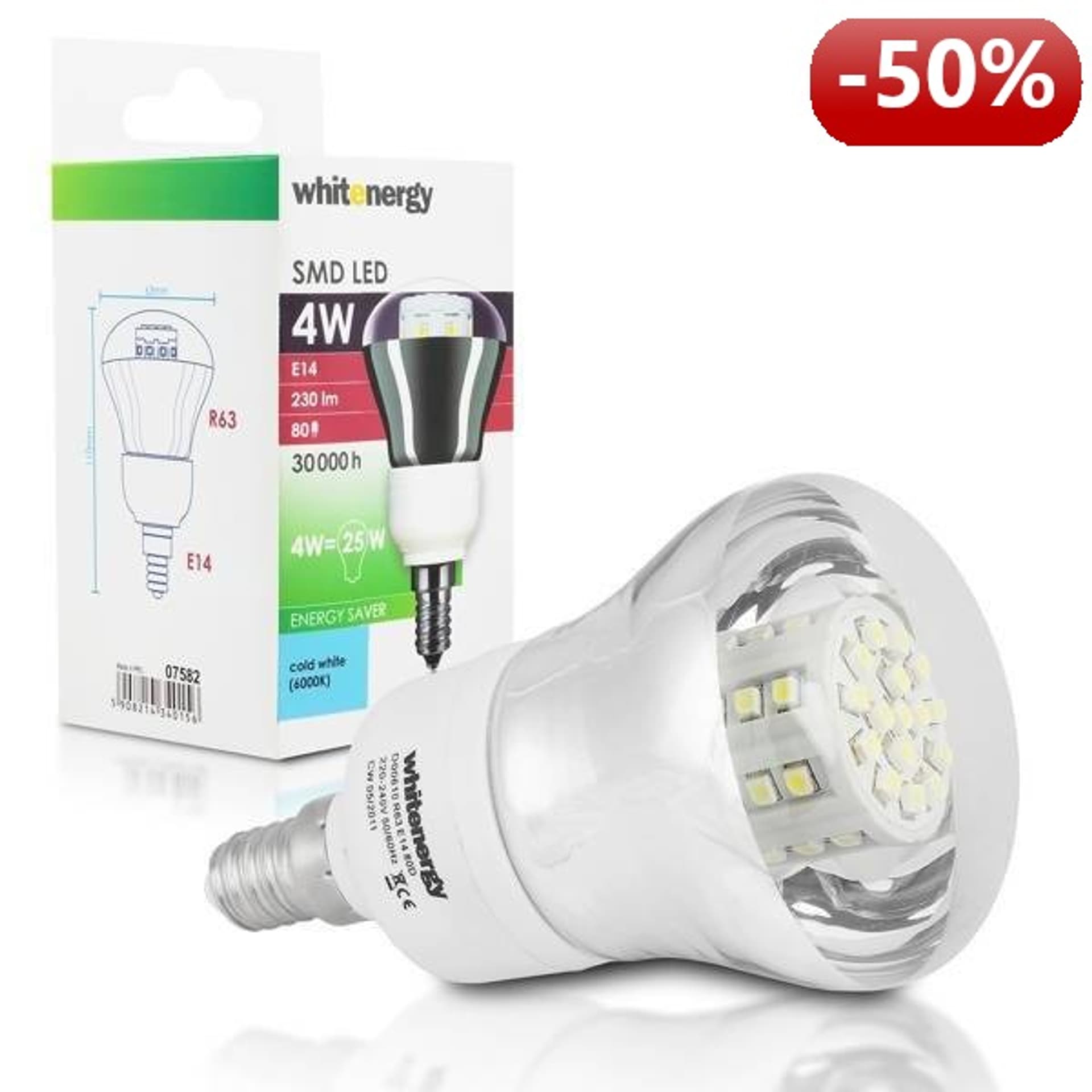 

Whitenergy Żarówka LED 4W E14 R63 SMD3528 zimna 230V Reflektor / transparentne