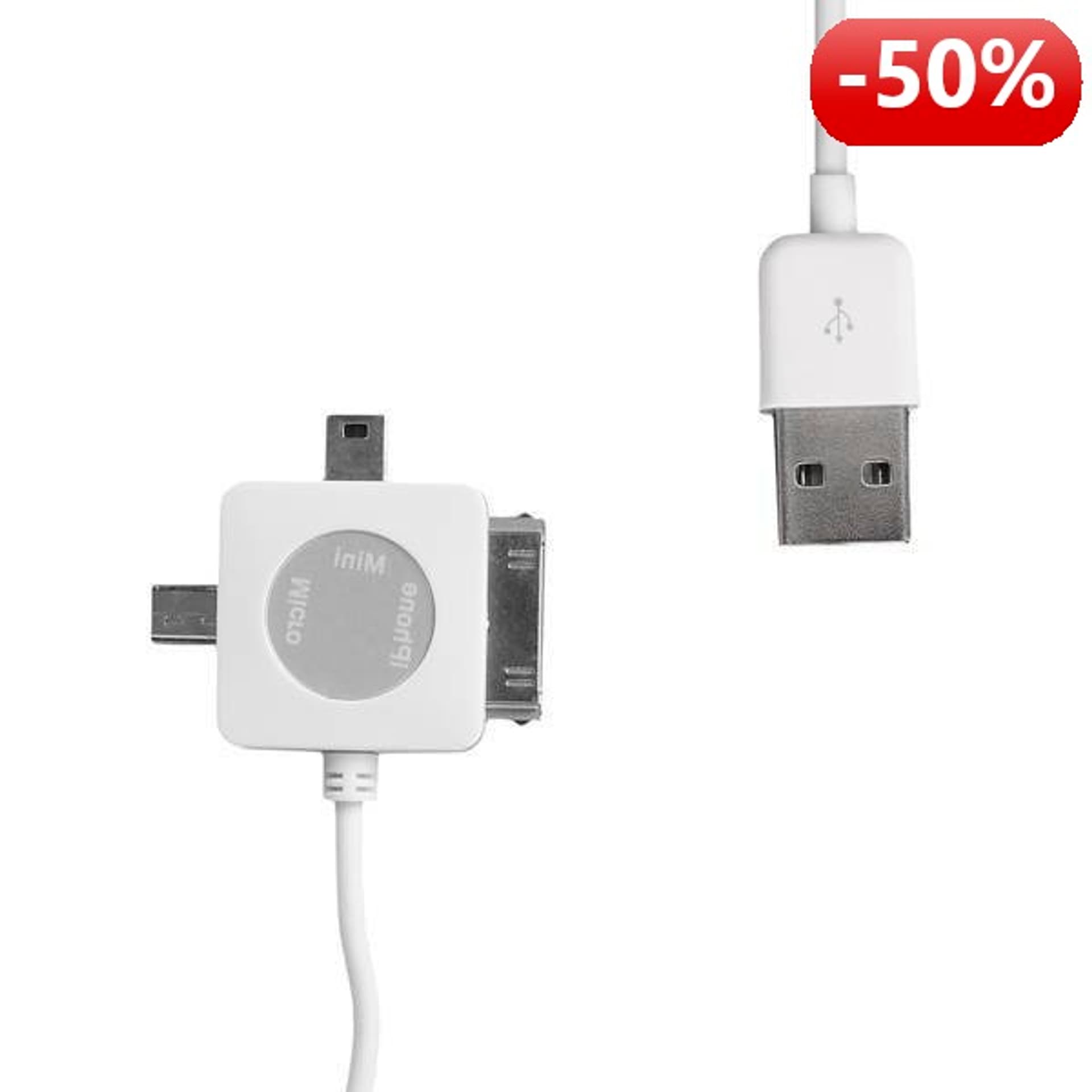 

Whitenergy Kabel do przesyłu danych 3w1: Micro USB, Mini USB, iPhone 4, 100cm, biały