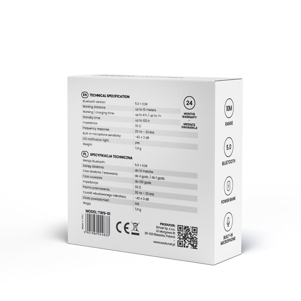 

Słuchawki bezprzewodowe SAVIO TWS-01 (douszne; bezprzewodowe, Bluetooth; z wbudowanym mikrofonem; kolor biały