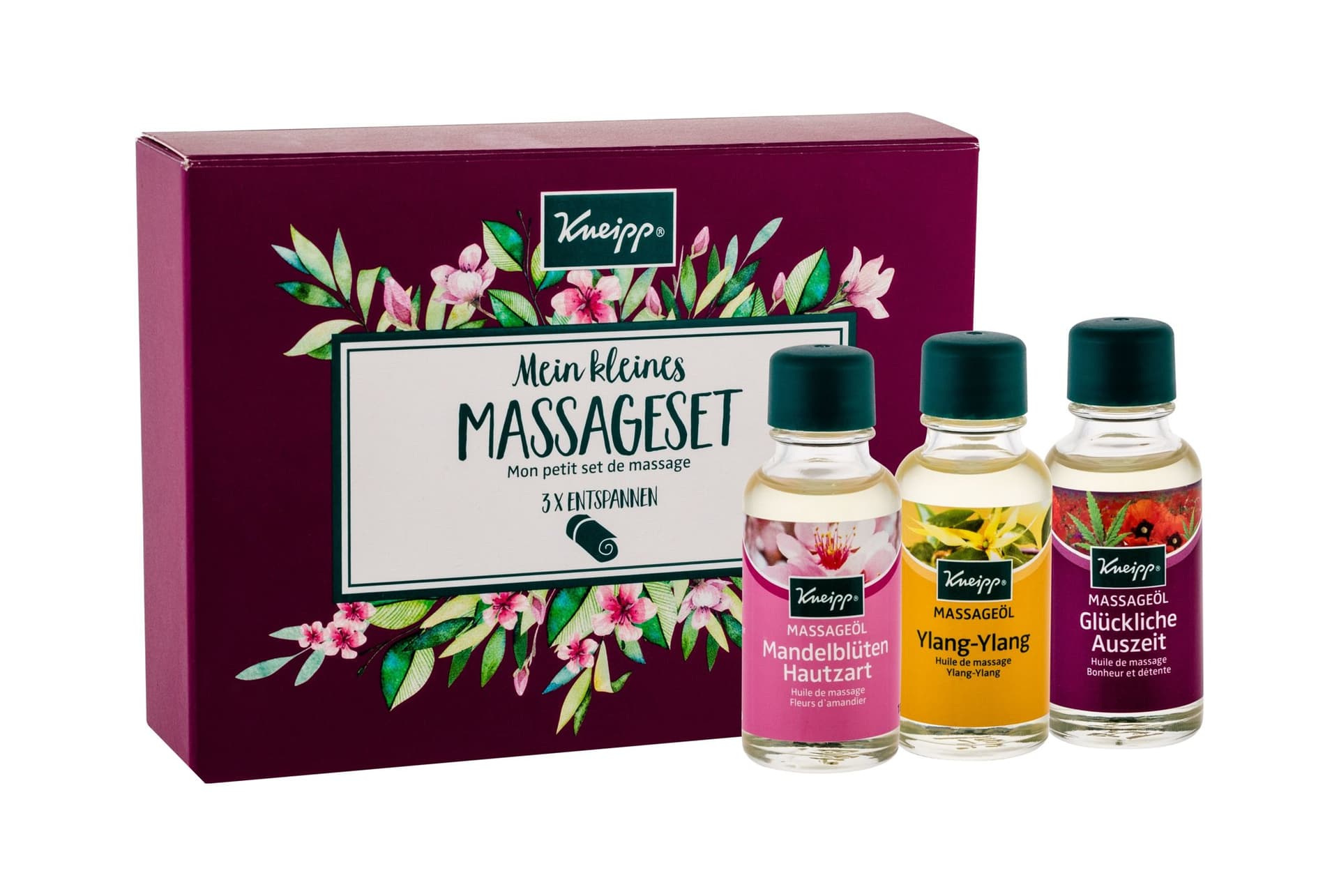 

Kneipp Massage Oil Preparat do masażu 3x20ml Olejek do masażu Ylang-Ylang 20ml + Olejek do masażu Szczęśliwy czas 20ml + Olejek do masażu Kwiat migdału 20ml (W)