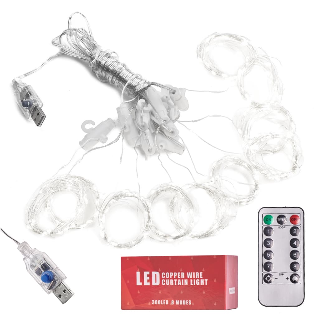 

Lampki LED kurtyna girlanda druciki 3x3m 300LED zimny biały pilot USB