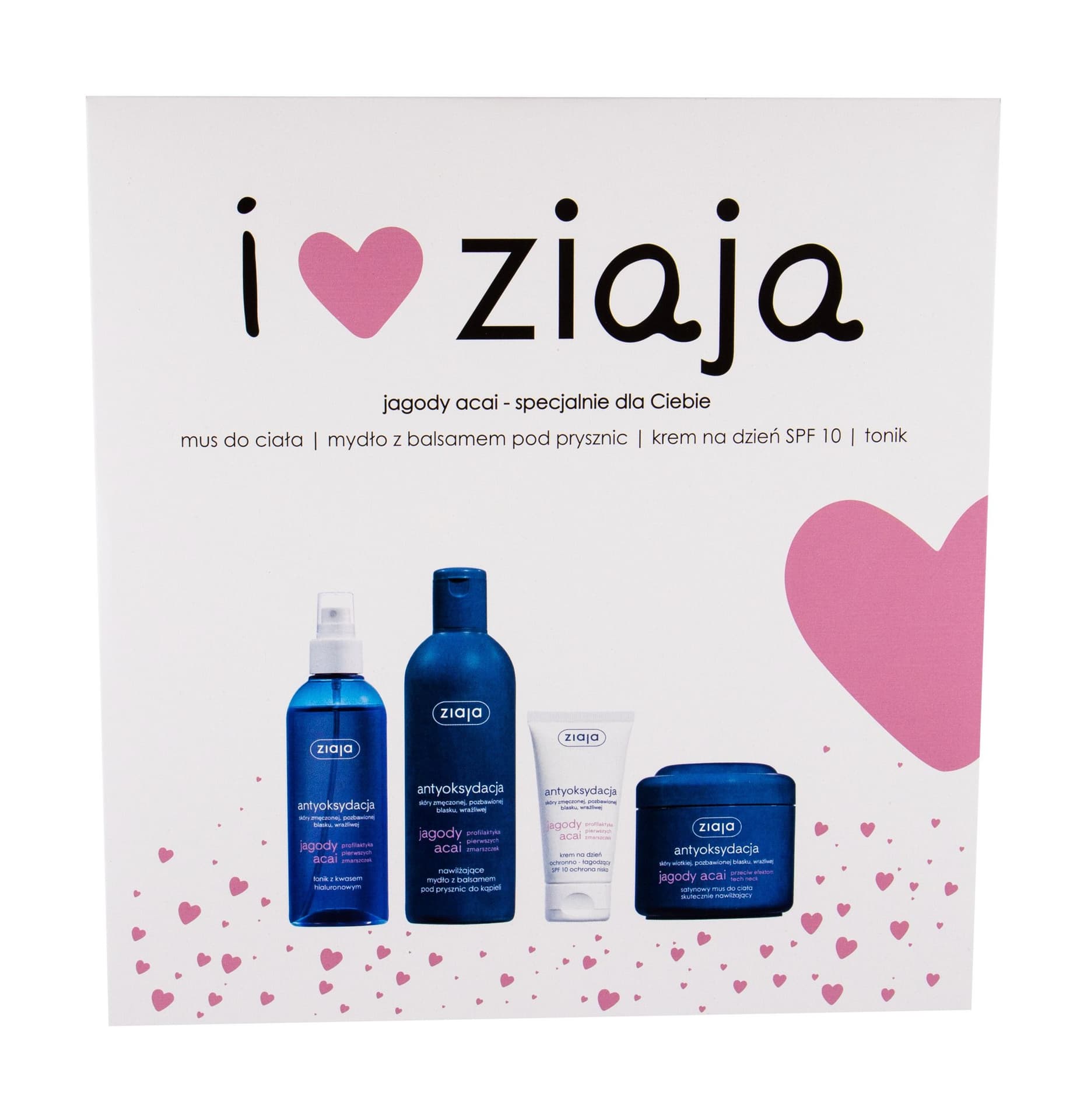 

Ziaja Acai Berry Krem pod prysznic 300ml Kremowy żel pod prysznic 300ml + Krem na dzień SPF10 50ml + Tonik 200ml + Nawilżająca pianka do ciała 200ml (W)
