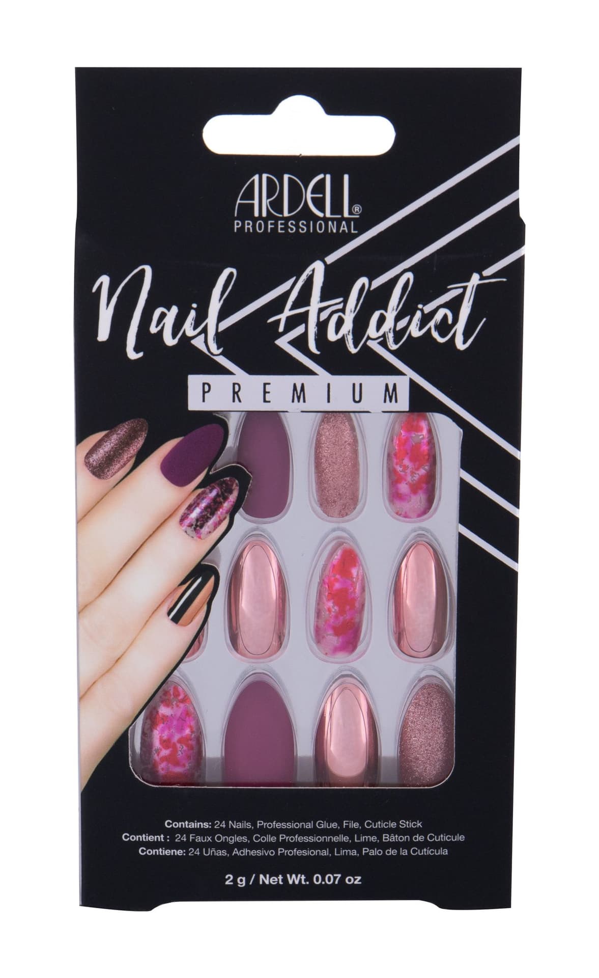 

Ardell Chrome Pink Foil Premium Nail Addict Lakier do paznokci 24 szt Sztuczne paznokcie 24 szt + Klej do paznokci 2g + Pilniczek do paznokci 1 szt + Patyczek do paznokci 1 szt (W)