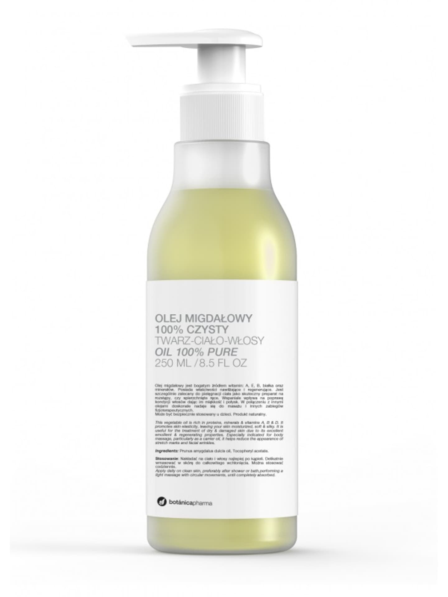 

Botanicapharma Olej migdałowy 100% czysty do twarzy ciała i włosów pompka 250ml