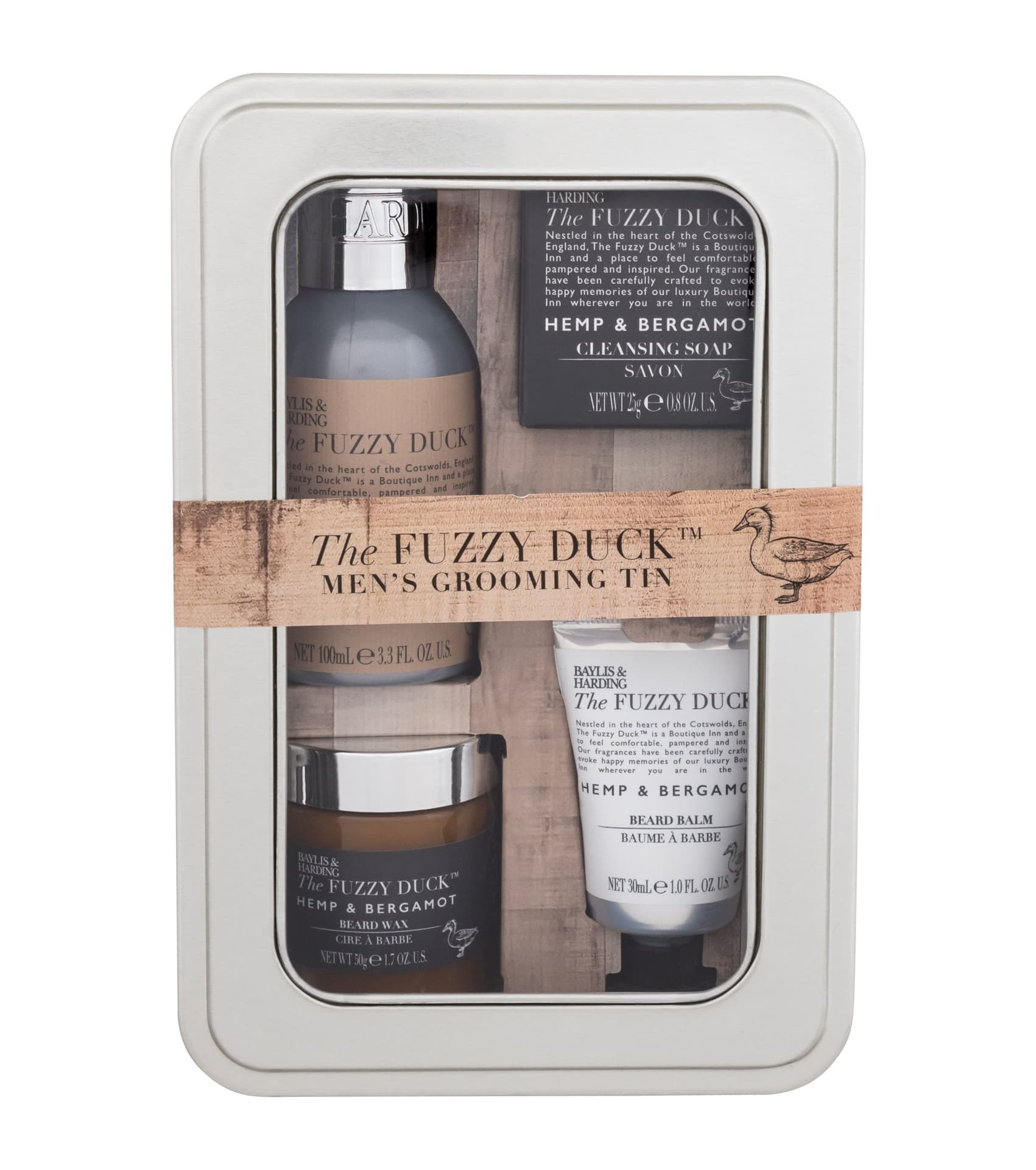 

Baylis Harding The Fuzzy Duck Men's Grooming Tin Hemp Bergamot Szampon do brody 100 ml + wosk do brody 50 g + balsam do brody 30 ml + oczyszczające mydło do twarzy 25 g + metalowe opakowanie (M)