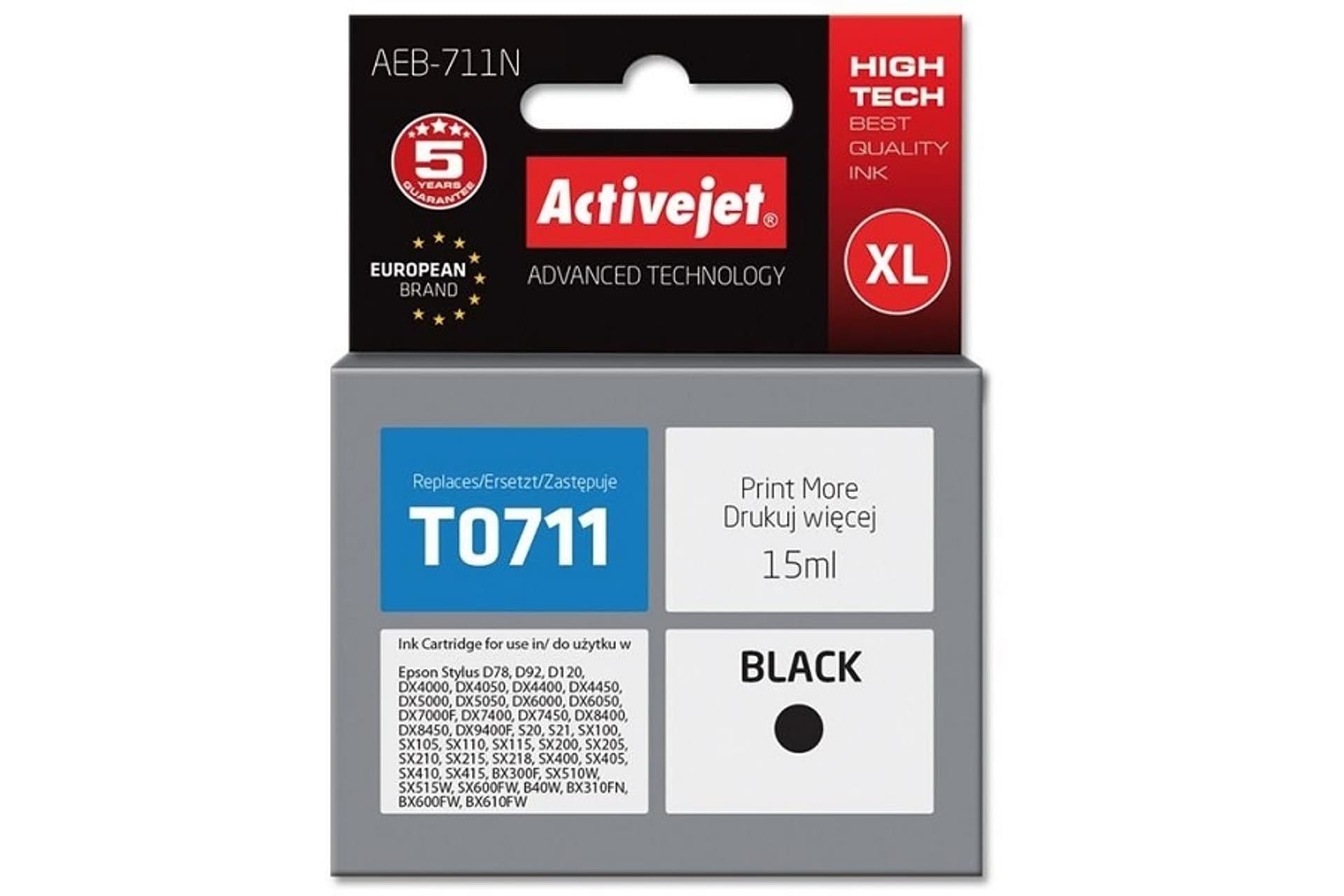 

Tusz Activejet AEB-711N (zamiennik Epson T0711, T0891, T1001; Supreme; 15 ml; czarny)