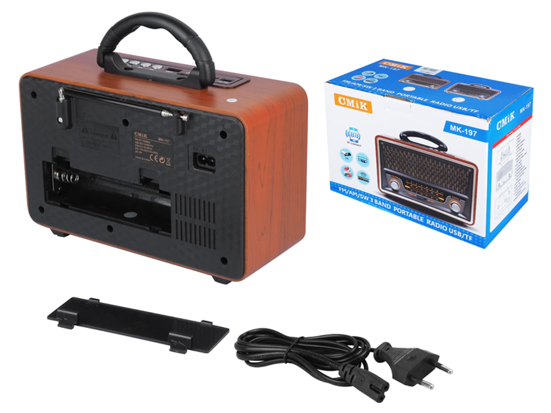 

PS Radio przenośne RETRO MK-197 Bluetoth, USB, TF Cards, AUX, pilot, wbudowany akumulator, czarno-złote. (1LM)