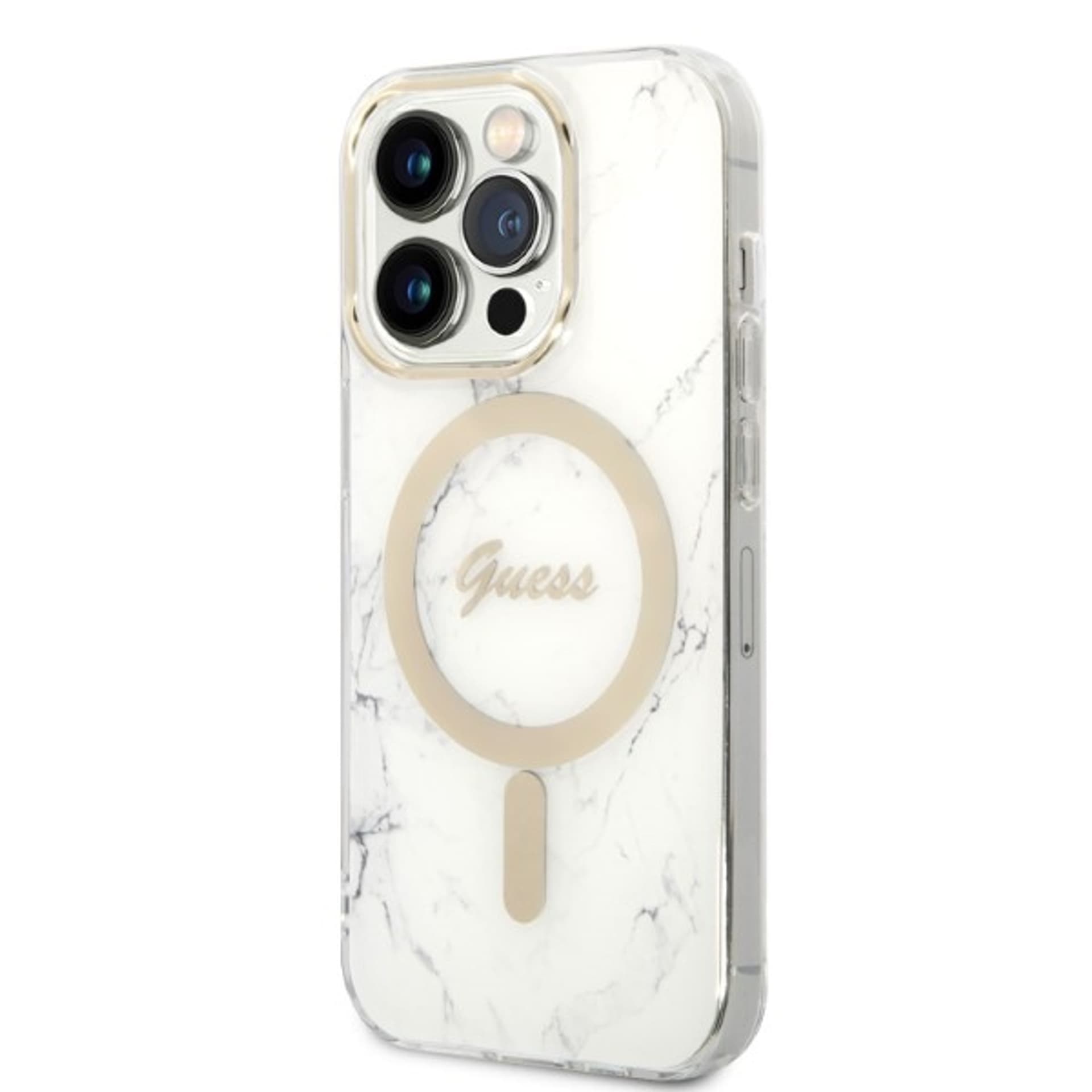 

Zestaw Guess GUBPP14LHMEACSH Case+ Charger iPhone 14 Pro 6,1" biały/white hard case Marble MagSafe