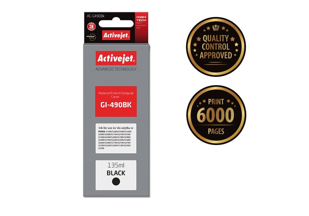 

Activejet AC-G490Bk Tusz (zamiennik Canon GI-490BK; Supreme; 135 ml; 6000 stron, czarny)