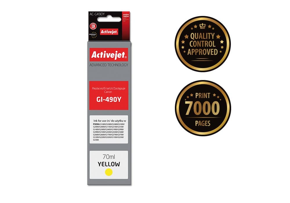 

Activejet AC-G490Y Tusz (zamiennik Canon GI-490Y; Supreme; 70 ml; 7000 stron, żółty)
