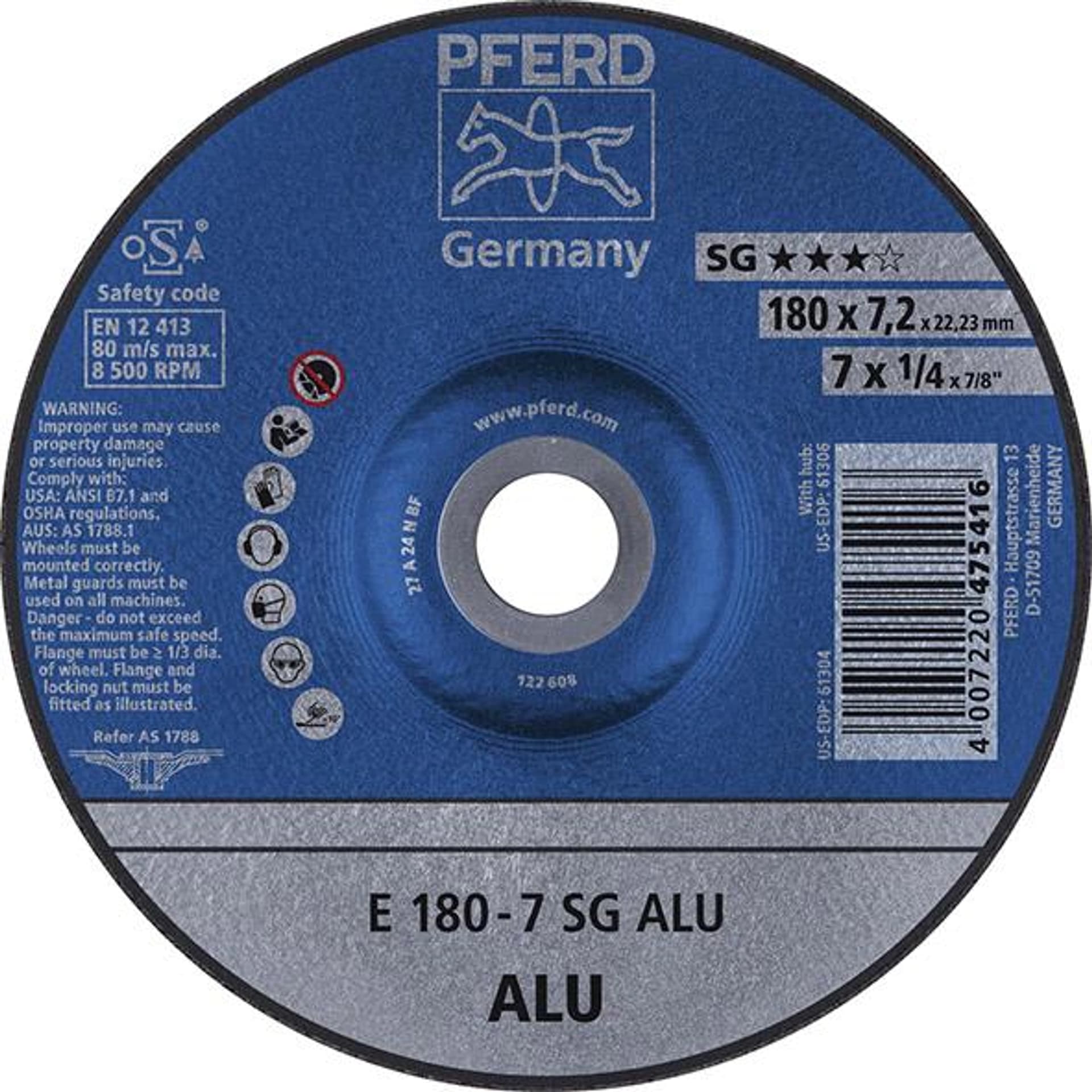 

Tarcza scierna do obrobki zgrubnej,odsadzona do aluminium A24NSG 115x7,2mm PFERD