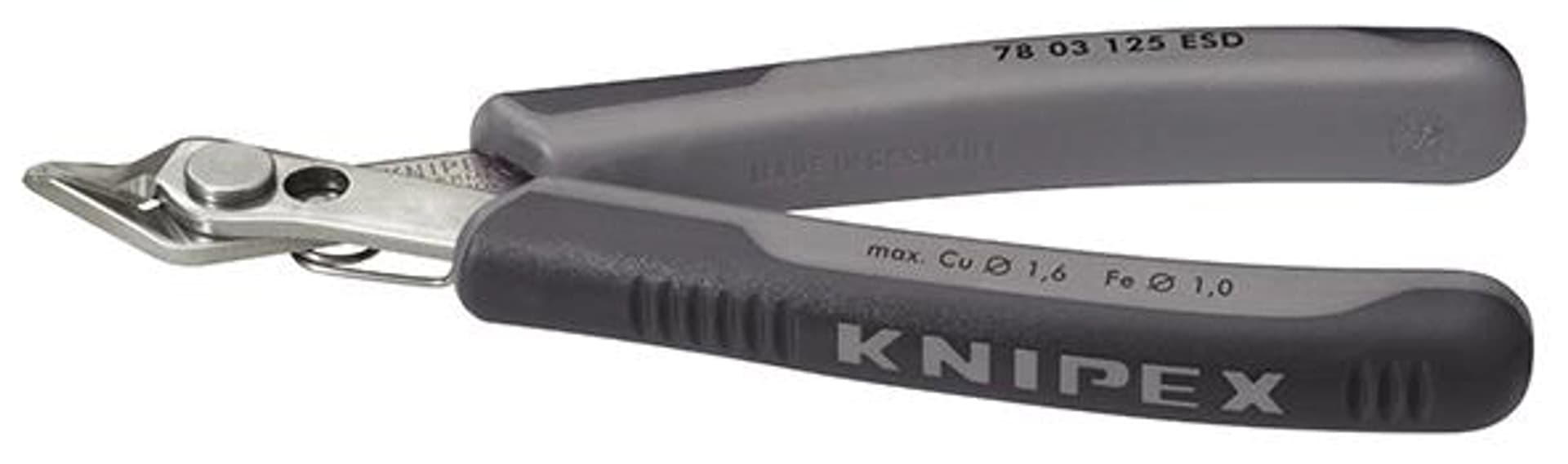 

Szczypce tnące boczne ESD, 140 mm, dla elektroników, Fi 0,2–2,1 mm, 78 03 140, KNIPEX