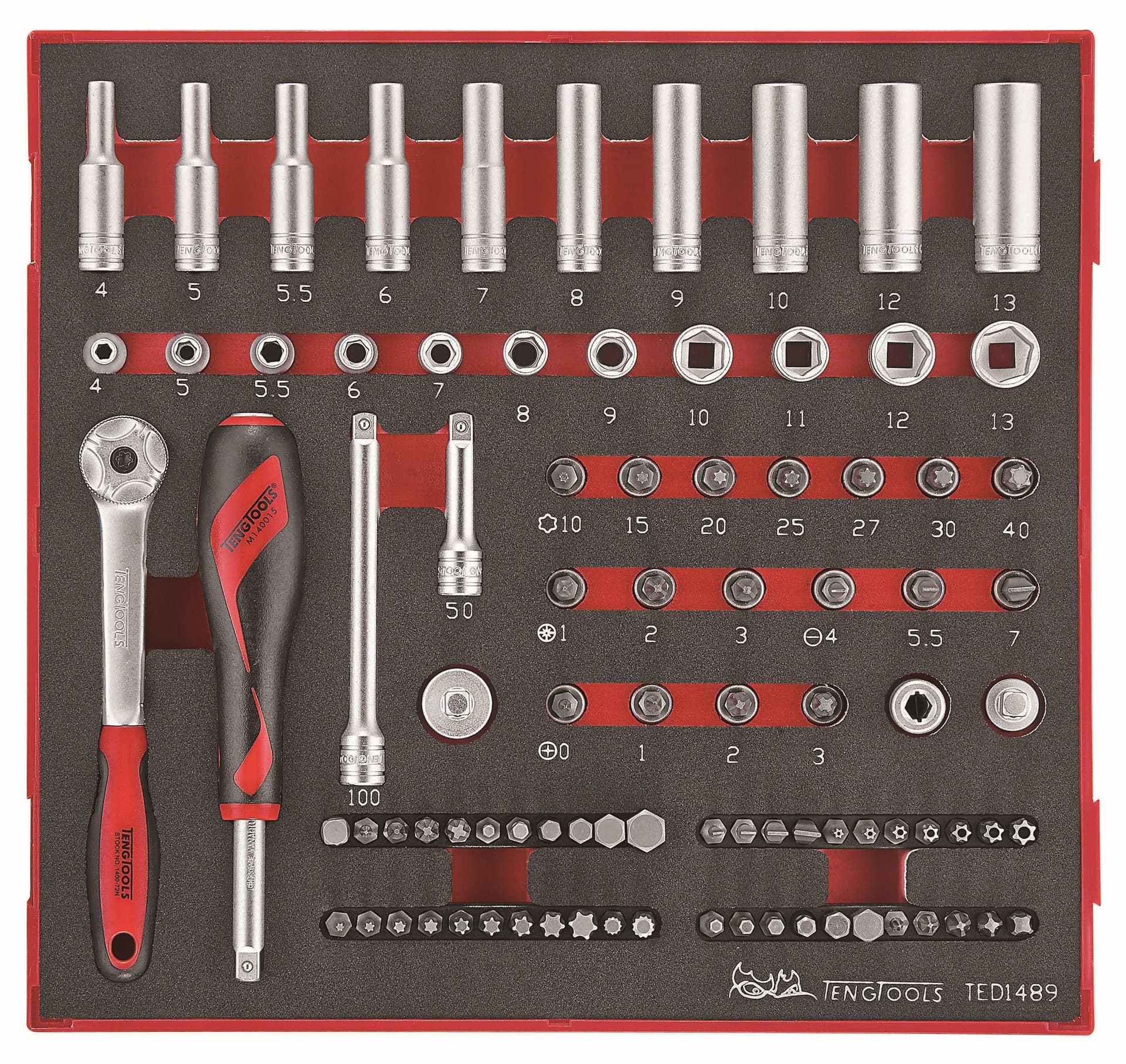 

89-elementowy zestaw narzędzi nasadkowych z chwytem kwadratowym 1/4" Teng Tools TED1489