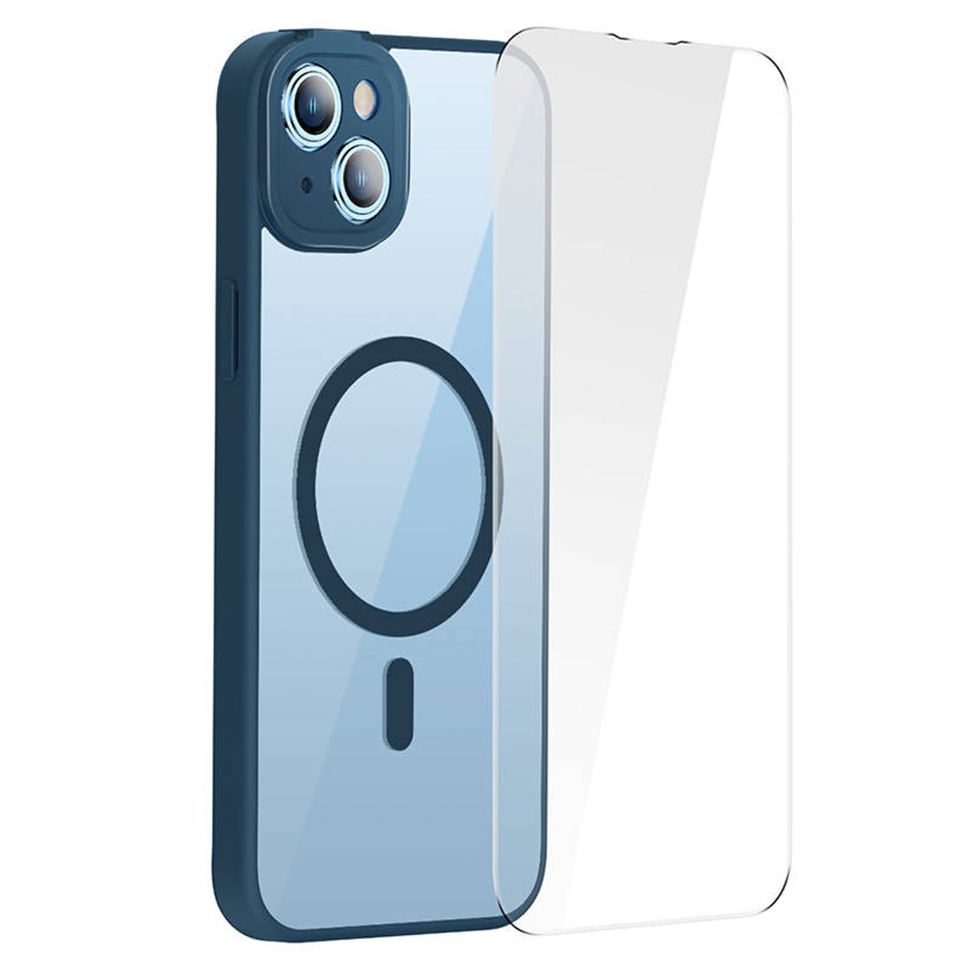 

Zestaw ochronny Baseus Frame przeźroczyste etui magnetyczne i szkło hartowane do iPhone 14 (niebieski)