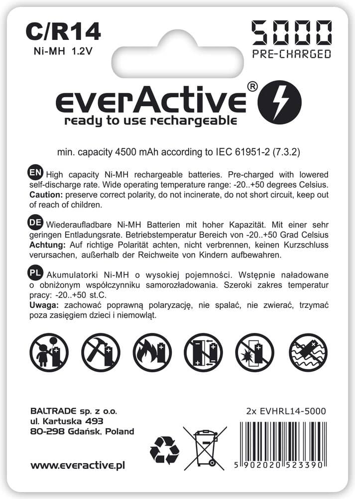 

Zestaw akumulatorków everActive EVHRL14-5000 (5000mAh ; Ni-MH)
