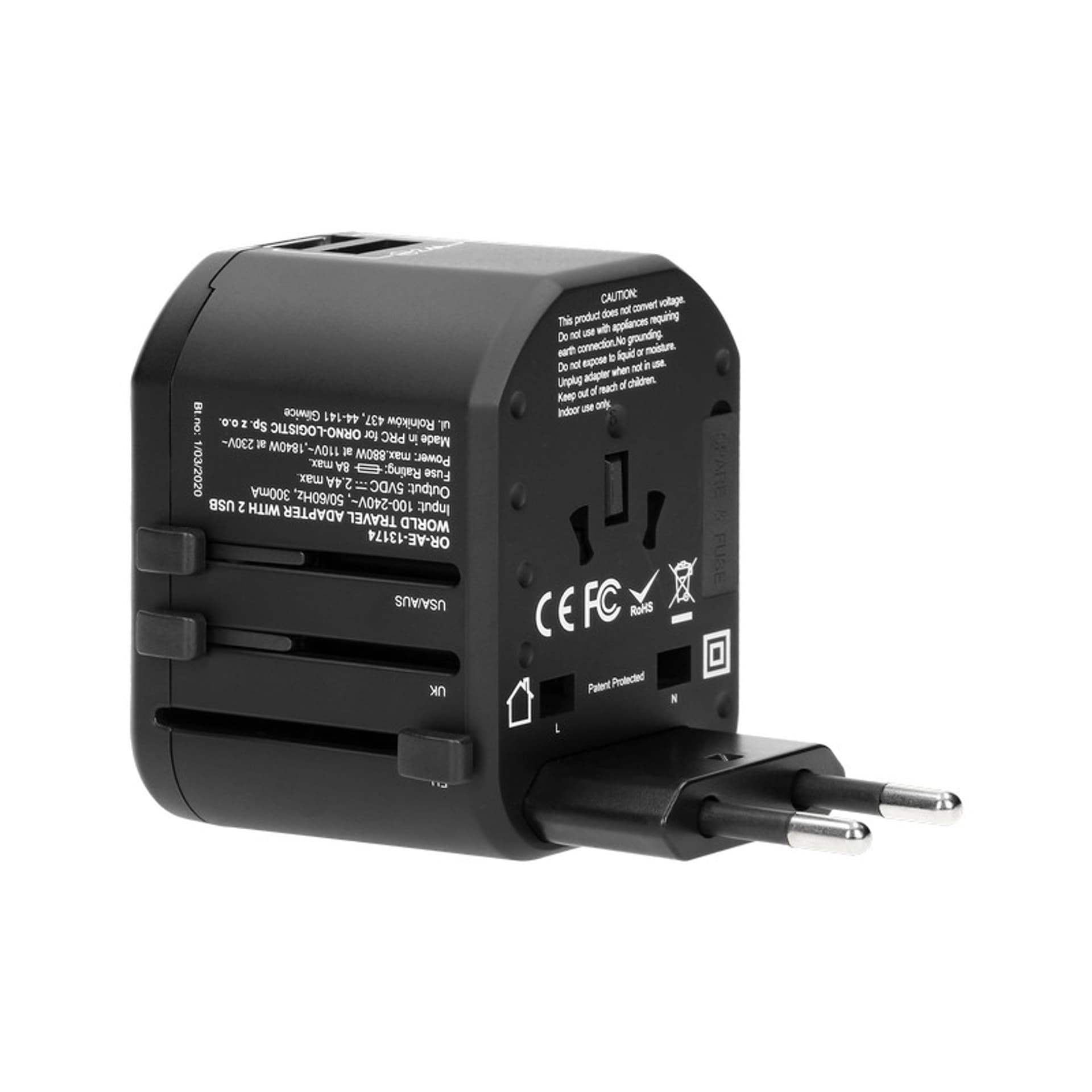 

GOworld USB uniwersalny adapter podróżny do ponad 200 krajów świata, 100-240V, 8A, 2 x USB, 5V 2,4A inteligentna identyfikacja
