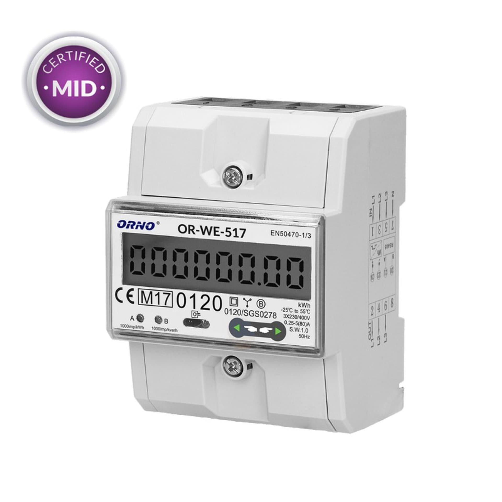 

3-fazowy licznik energii elektrycznej, 80A, port RS-485, wielotaryfowy, 3 moduły, DIN TH-35mm