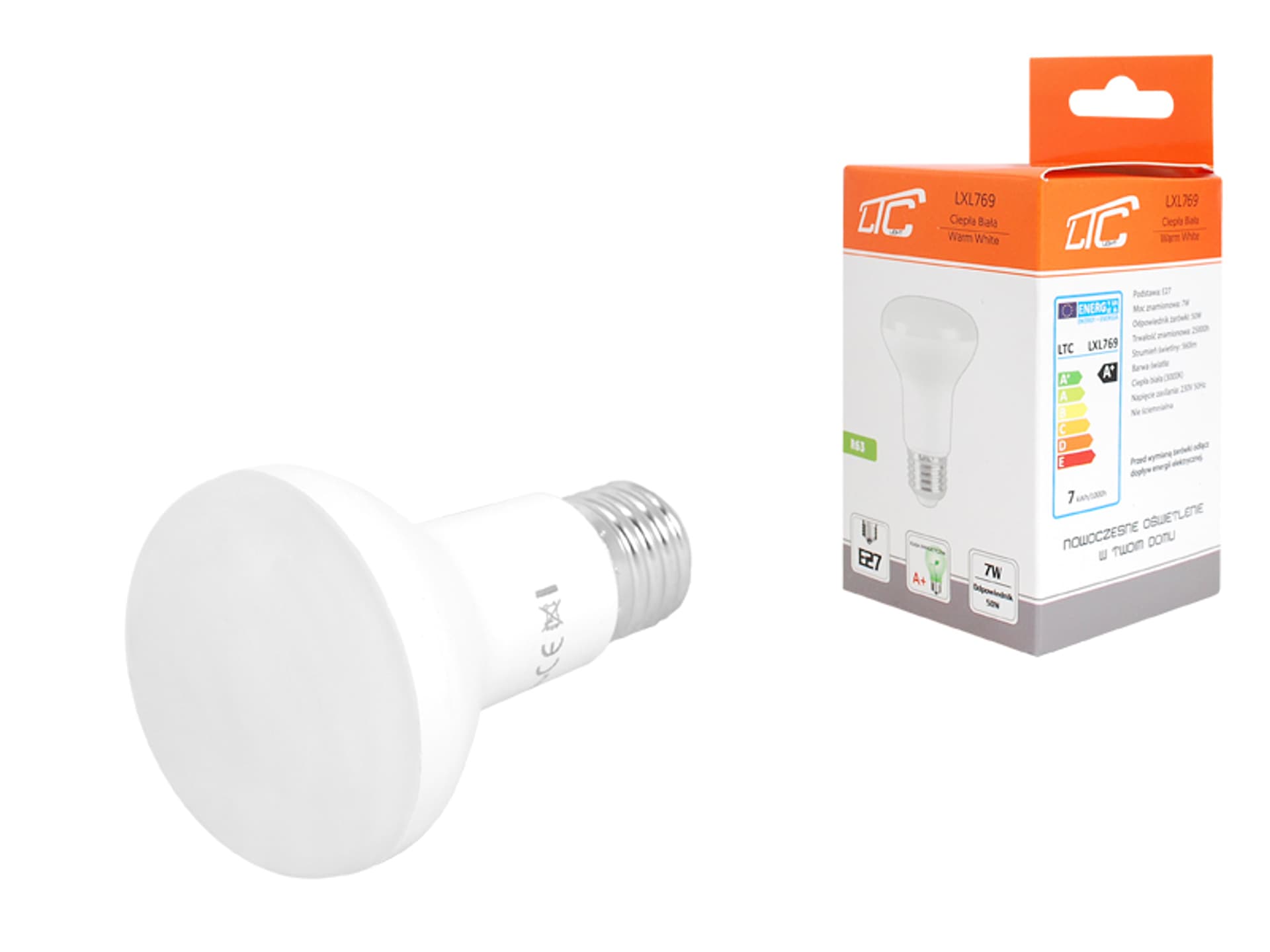 

1 szt. PS Żarówka LTC LED, R63, E27, SMD, 7W, 230V, światło ciepłe białe, 560lm.