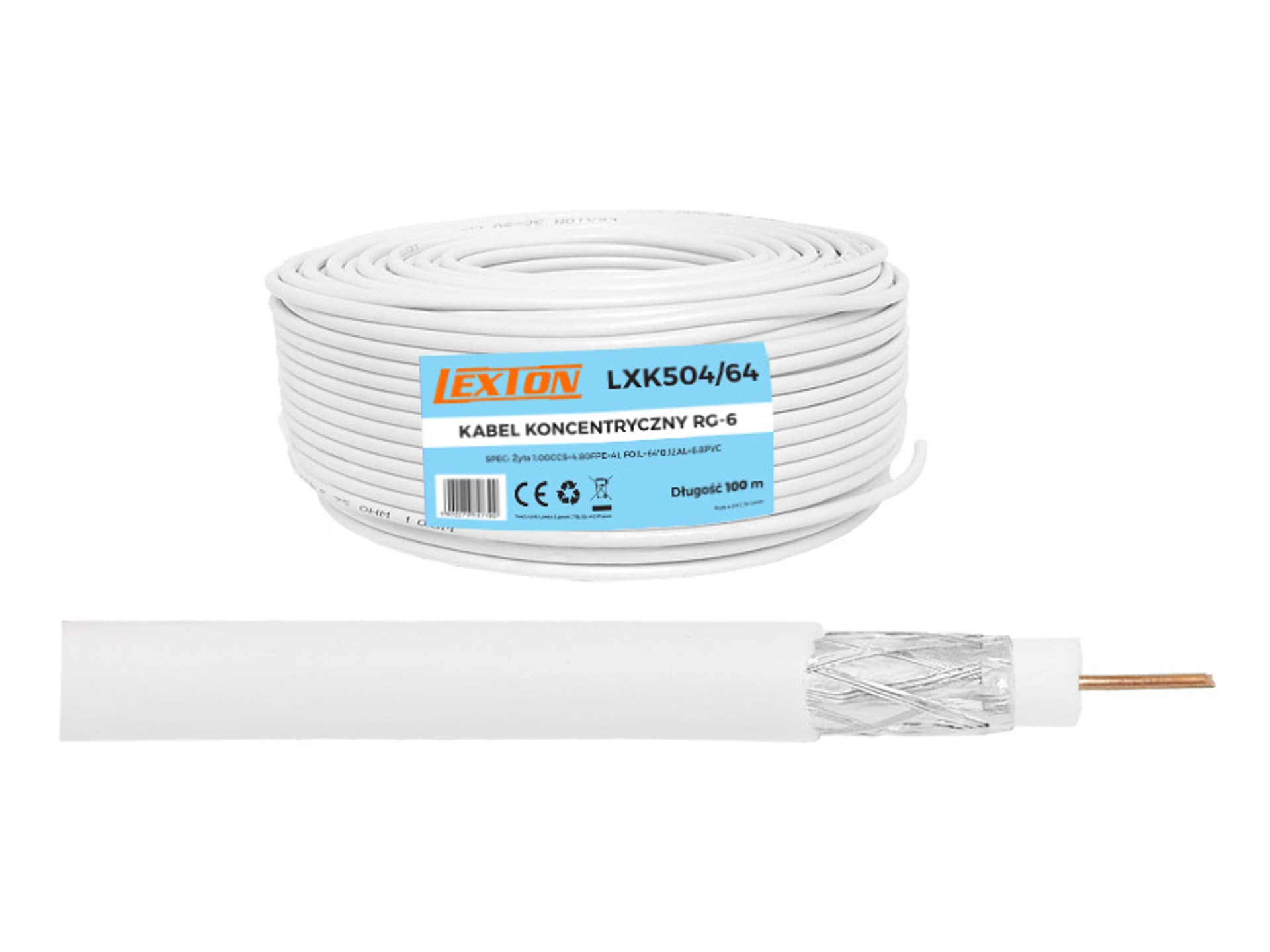 

Kabel koncentryczny RG6 CCS 64x0.12AL, 100m, Lexton. (1LM)