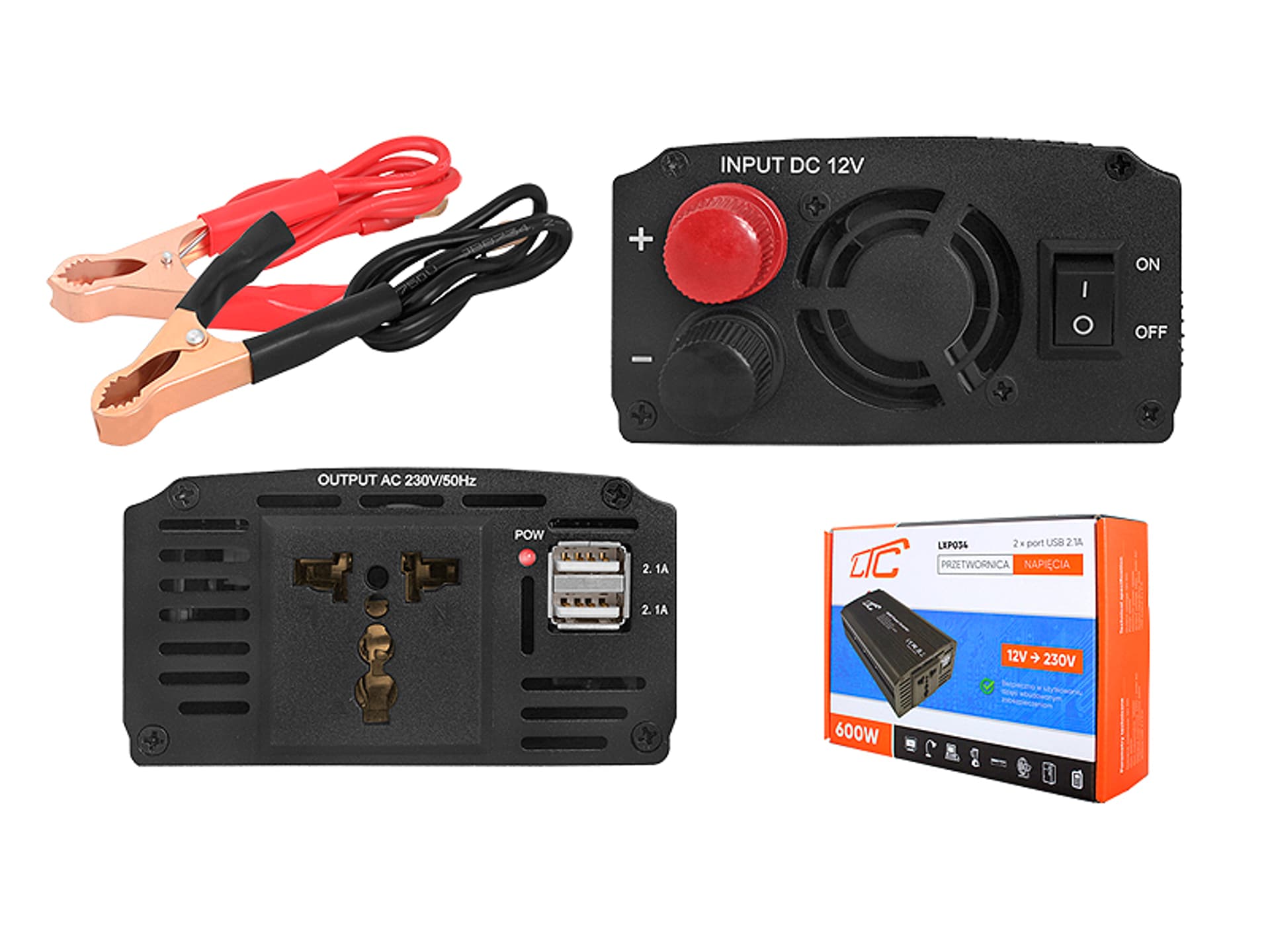 

1 szt. Przetwornica 12V/230V 600W LTC + 2xUSB 2.1A.