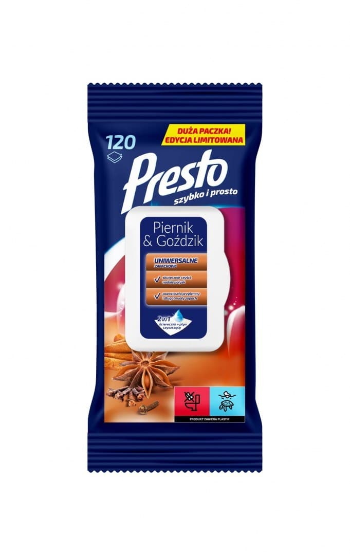 

Presto Ściereczki czyszczące+płyn 2w1 uniwersalne Piernik&Goździk 1op.-120szt