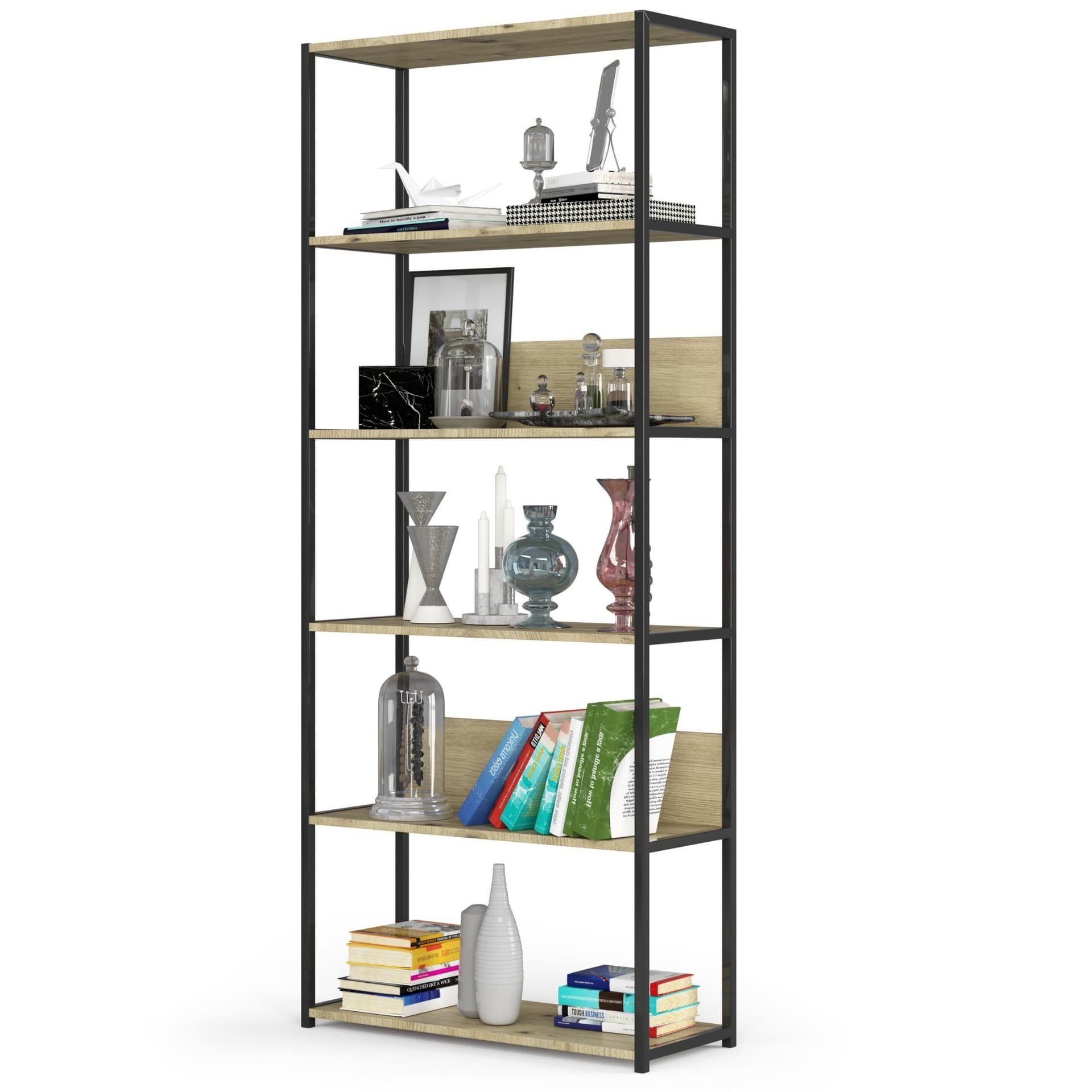 

Regał loftowy metalowy 80 cm - czarny-dąb artisan - 6 półek