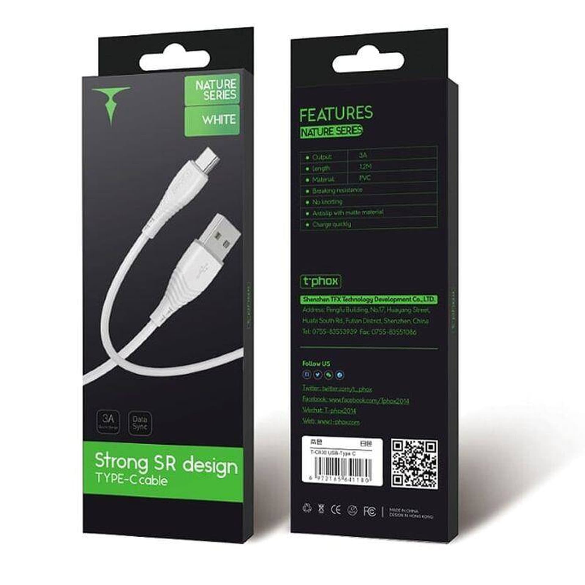 

KABEL T-PHOX NATURE TYPE-C WHITE 1.2M 3A