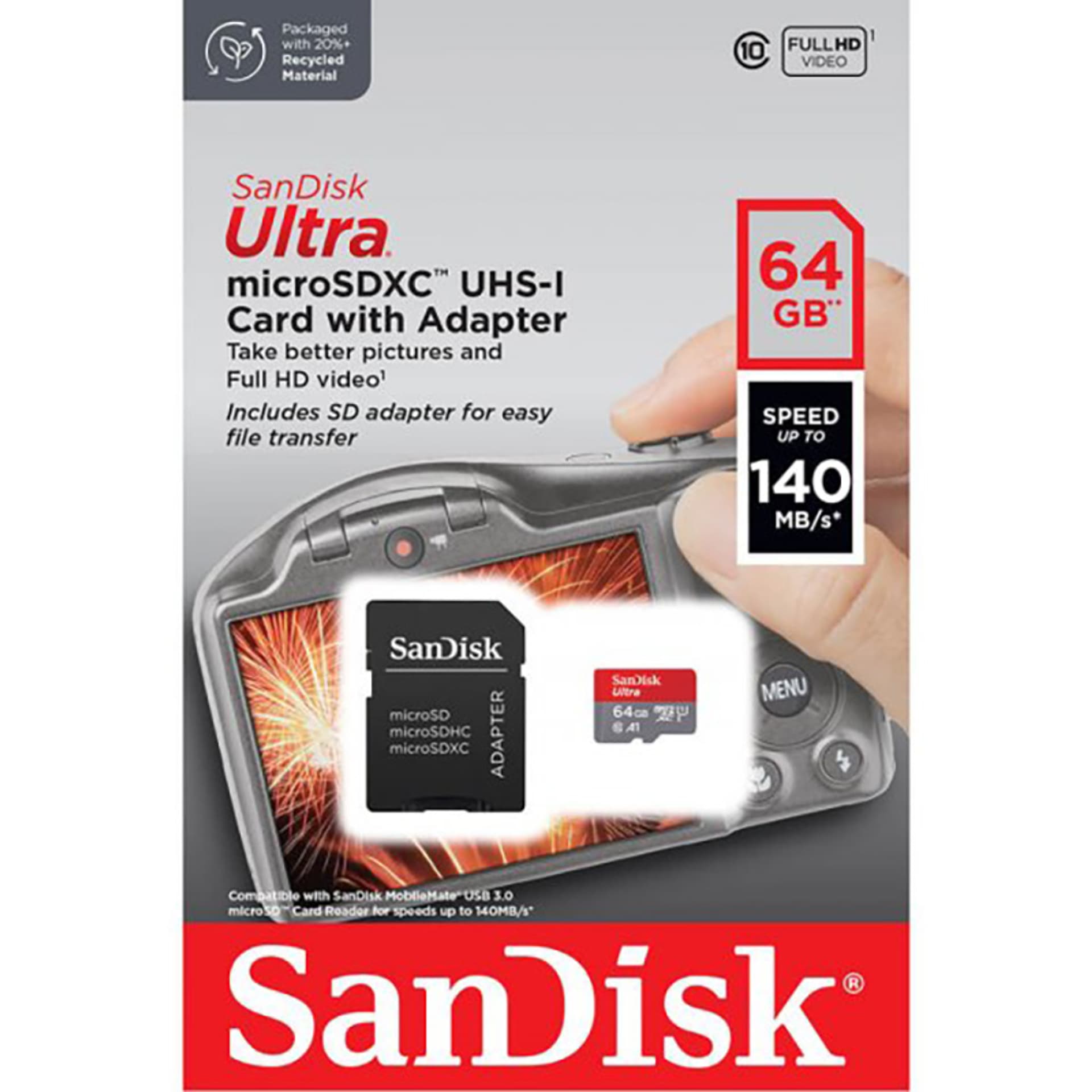 

SanDisk Ultra microSDXC - Karta pamięci 64 GB A1 Class 10 UHS-I 140 MB/s z adapterem
