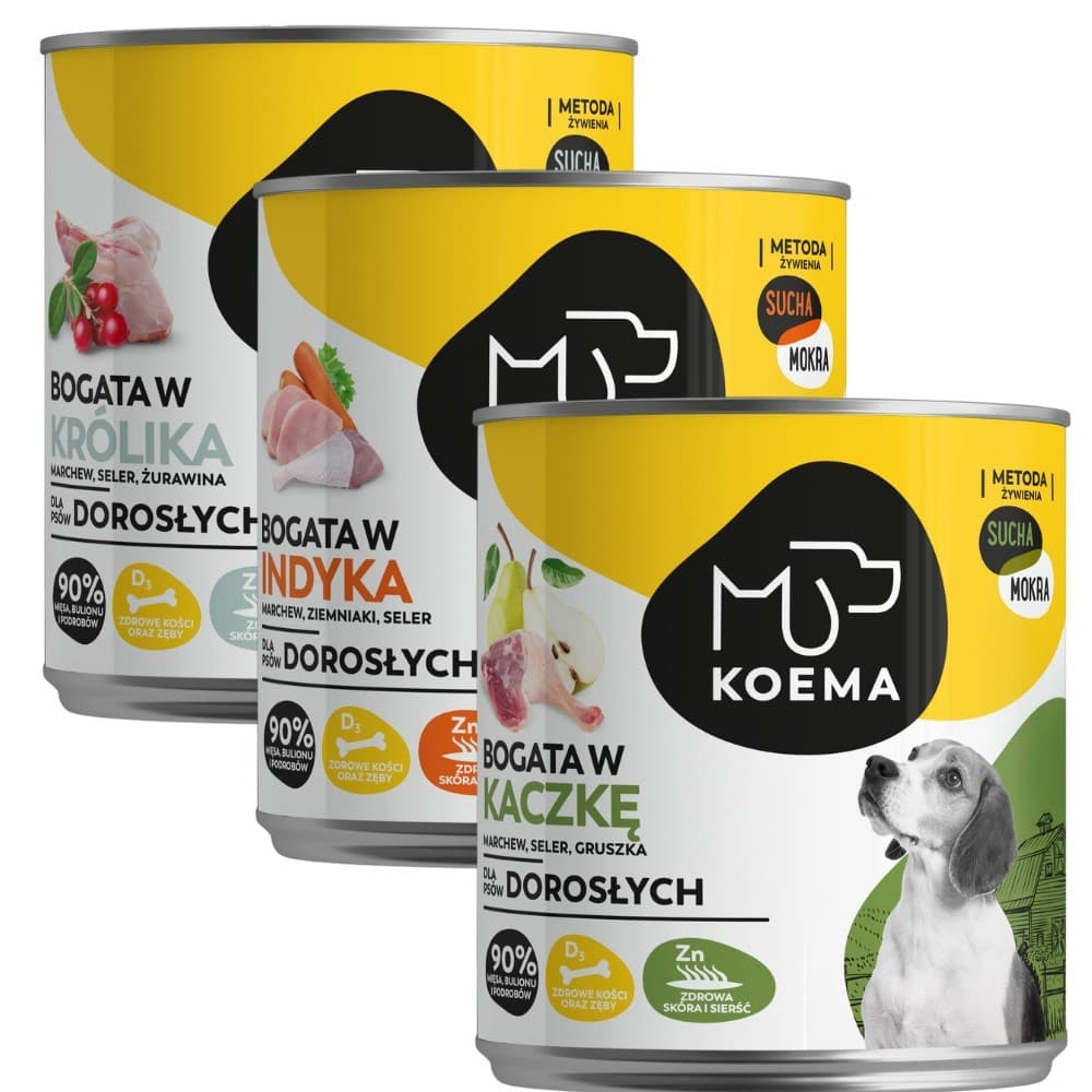 

Koema karma dla psa 90% mięsa mix 3 smaków 800g x 6 (królik, indyk, kaczka)