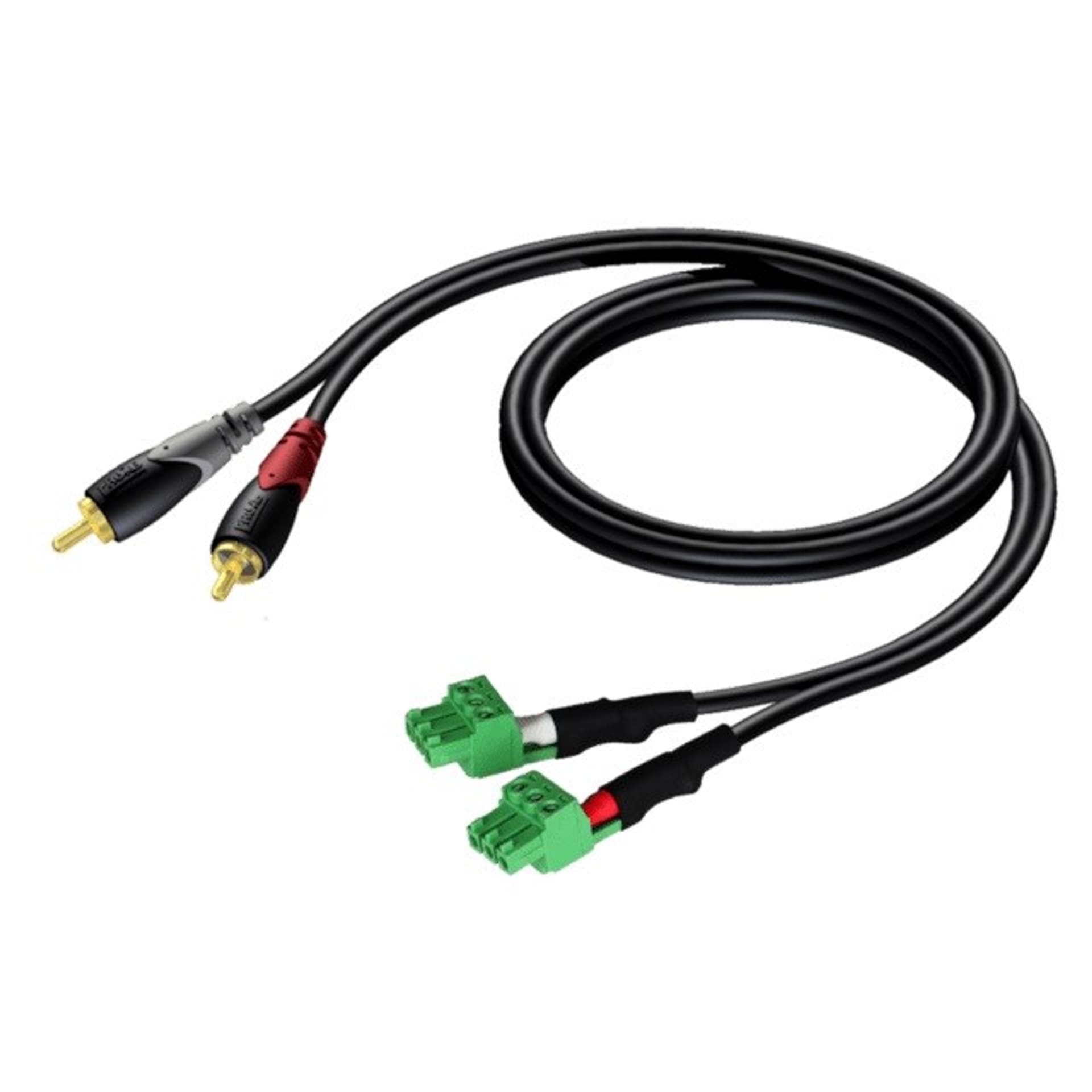 

Kabel 2x RCA/Cinch - 2x Kostka elektryczna (3 tory-3,81 mm) 1m, 3 tory-3.81 mm) 1