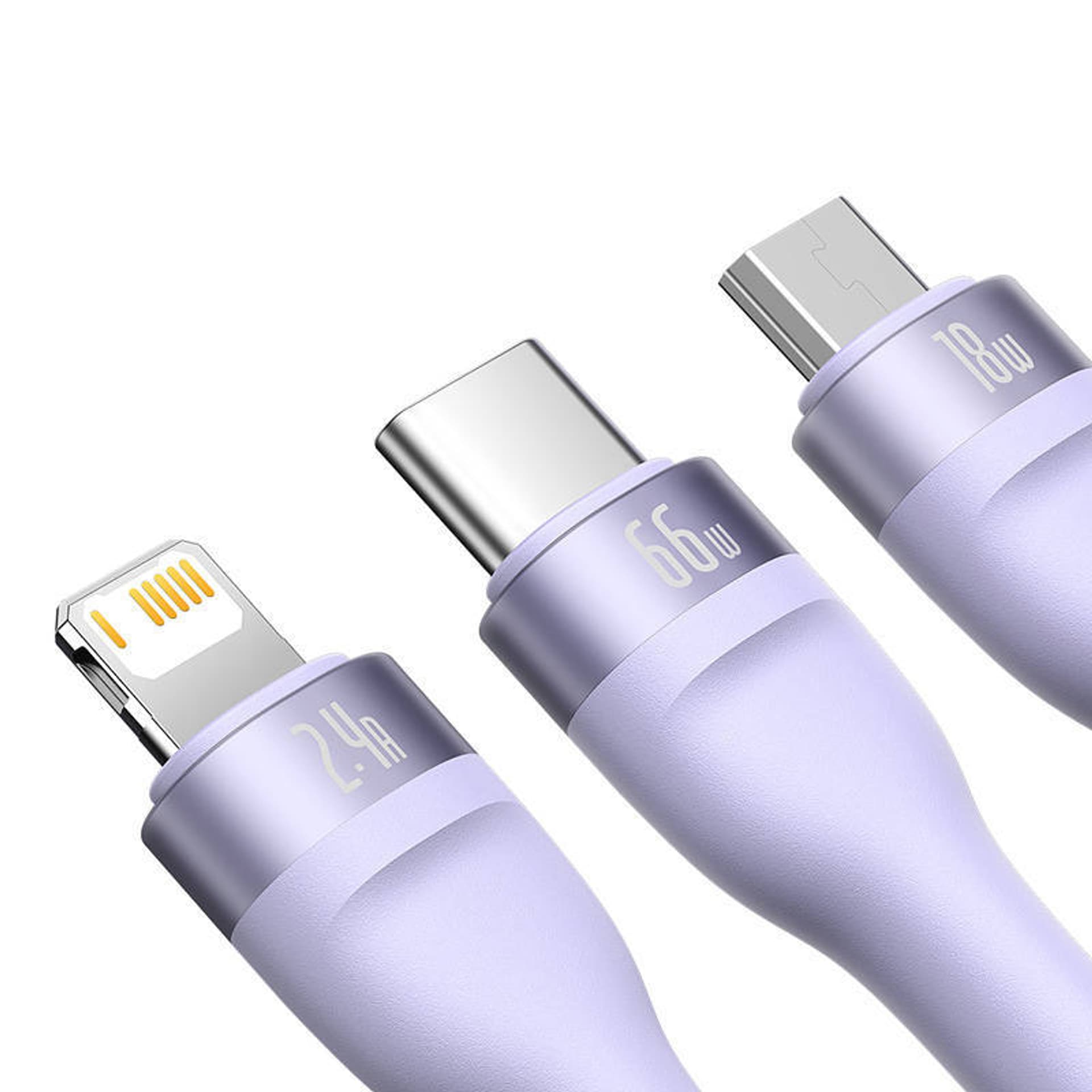 

Kabel USB 3w1 Baseus Flash II, USB-C + micro USB + Lightning, 66W, 1.2m (fioletowy)