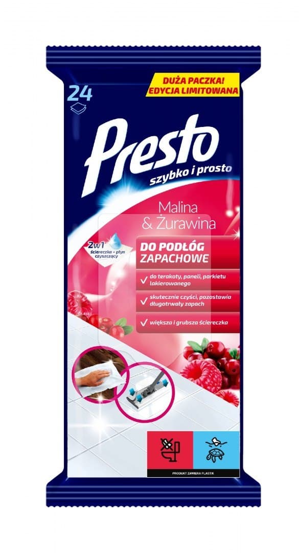 

Presto Ściereczki czyszczące+płyn 2w1 do podłóg Malina&Żurawina 1op.-24szt