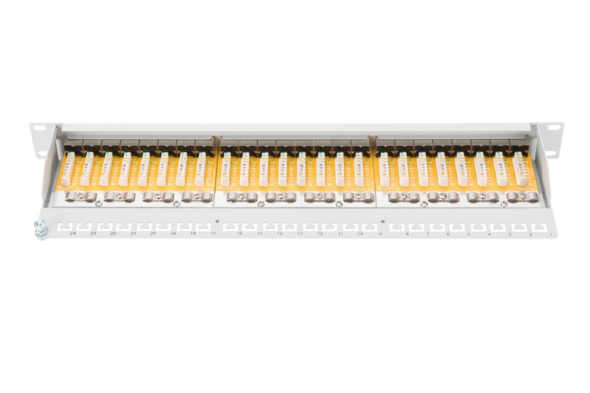 

Patch panel 19" 24 porty, kat.6, S/FTP, 1U, wspornik kablowy, szary (kompletny)
