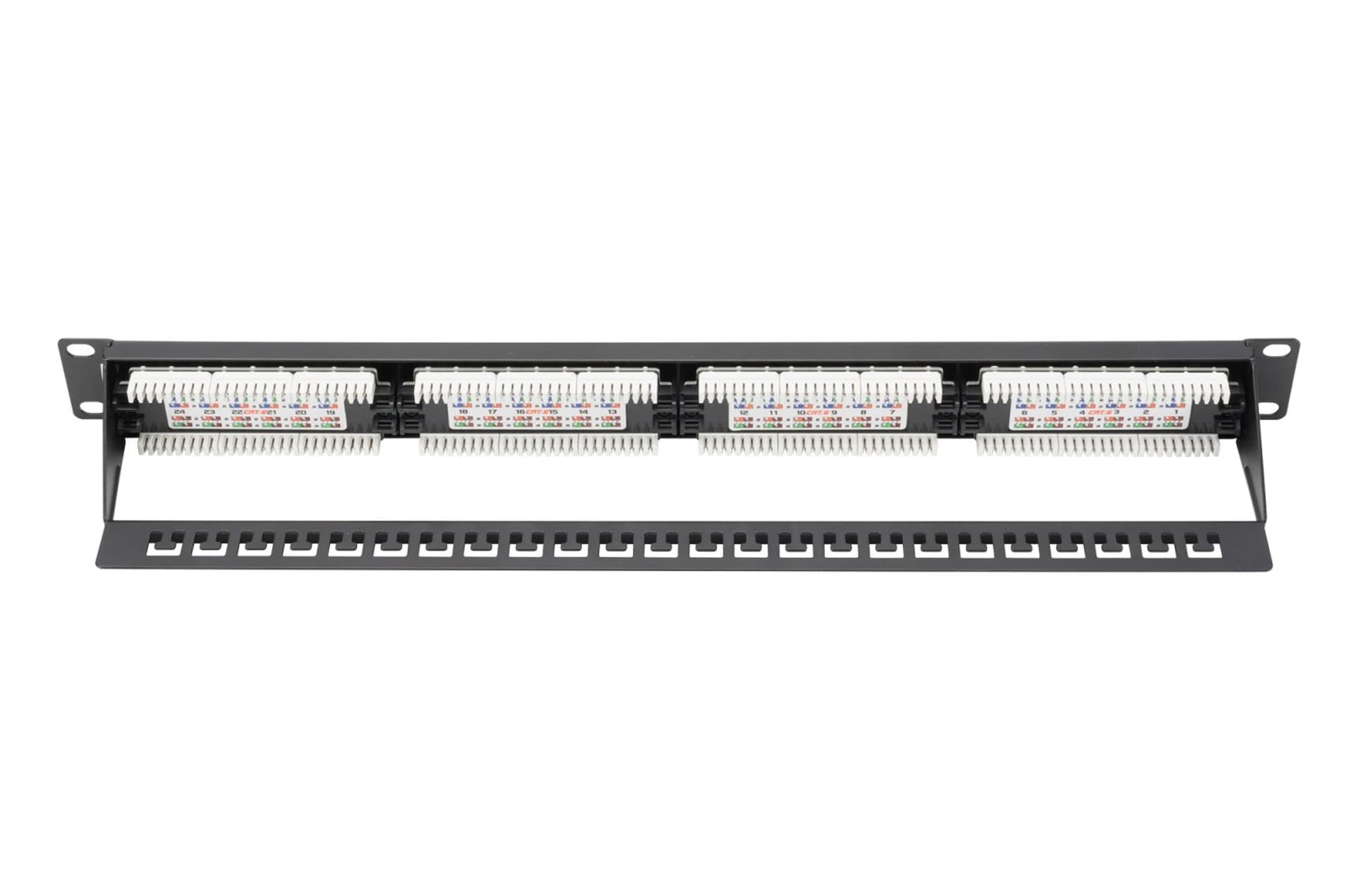 

Patch panel 19" 24 porty, kat.5e, U/UTP, 1U, wspornik kablowy, czarny (kompletny)