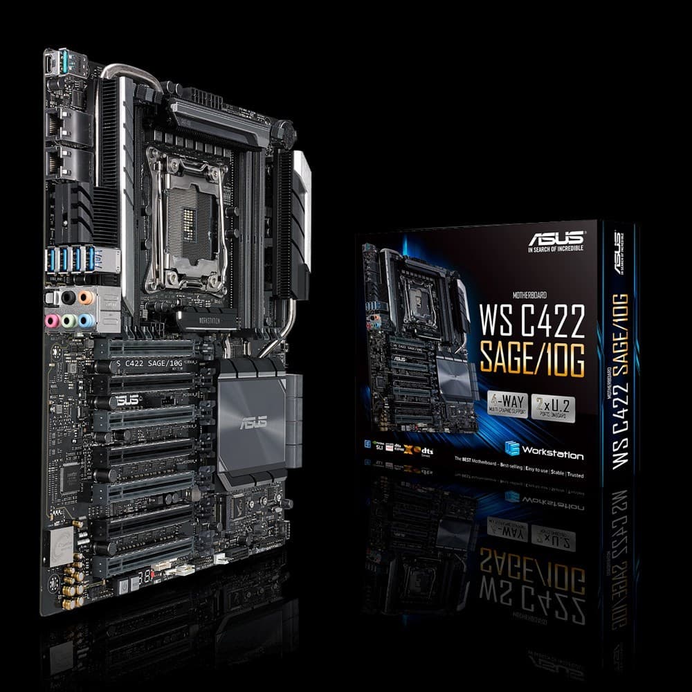 

ASUS WS C422 SAGE/10G, Intel C422, 1x Intel Socket 2066, 8x DDR4 2666 RDIMM/LRDIMM, 7 x PCIe 3.0, VIDIA 4-Way SLI/AMD 4-Way CrossFireX, 1x M.2 Socket 3, 8x SATA, 2x U.2, 2 x 10Gb Intel X550-AT2, Realtek ALC S1220A 7.1, 6x USB 3.1 Gen 1, 3x USB 3.1 Gen 2,