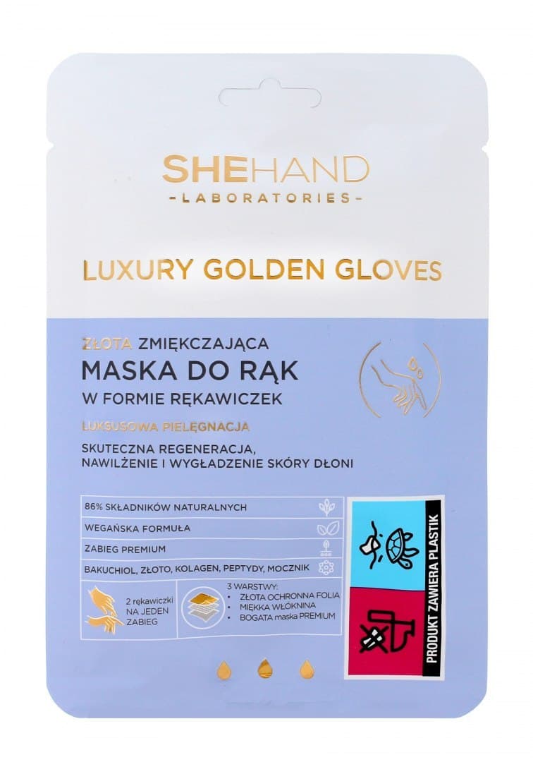 

SheHand Luxury Golden Gloves Złota Zmiękczająca Maska do rąk w formie rękawiczek 1op.