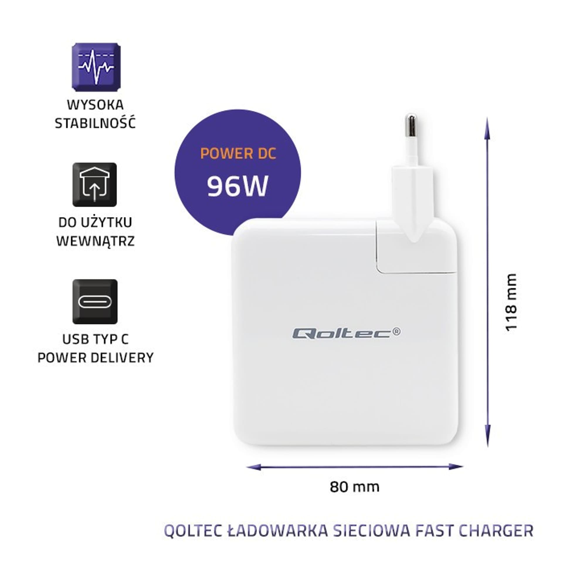 

Ładowarka sieciowa FAST 96W | 5-20V | 3-4.7A | USB C PD | Biała